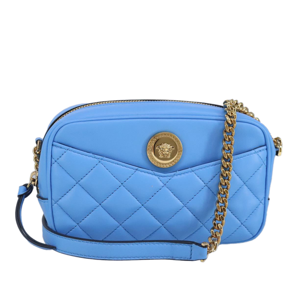 VERSACE Chain Shoulder Bag Leather Light Blue Gold Auth 99391