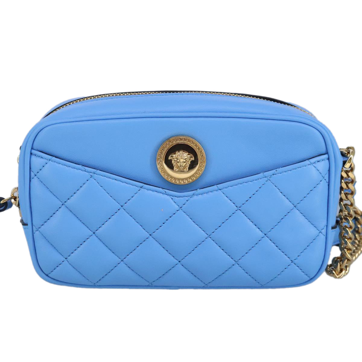 VERSACE Chain Shoulder Bag Leather Light Blue Gold Auth 99391