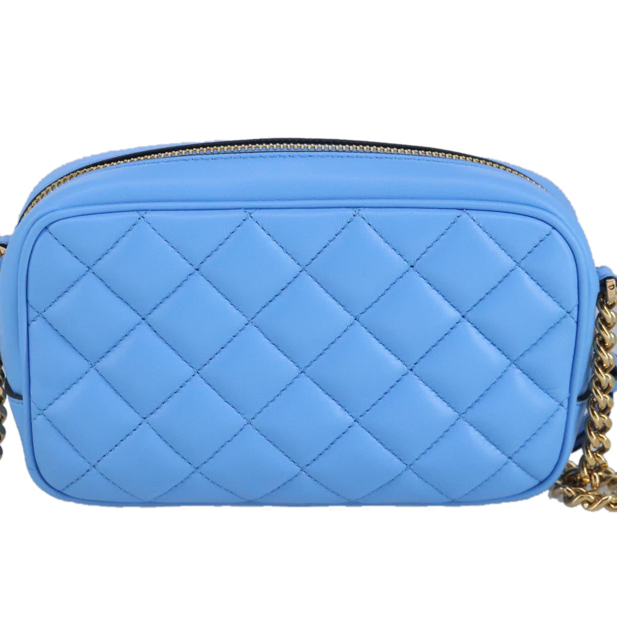 VERSACE Chain Shoulder Bag Leather Light Blue Gold Auth 99391