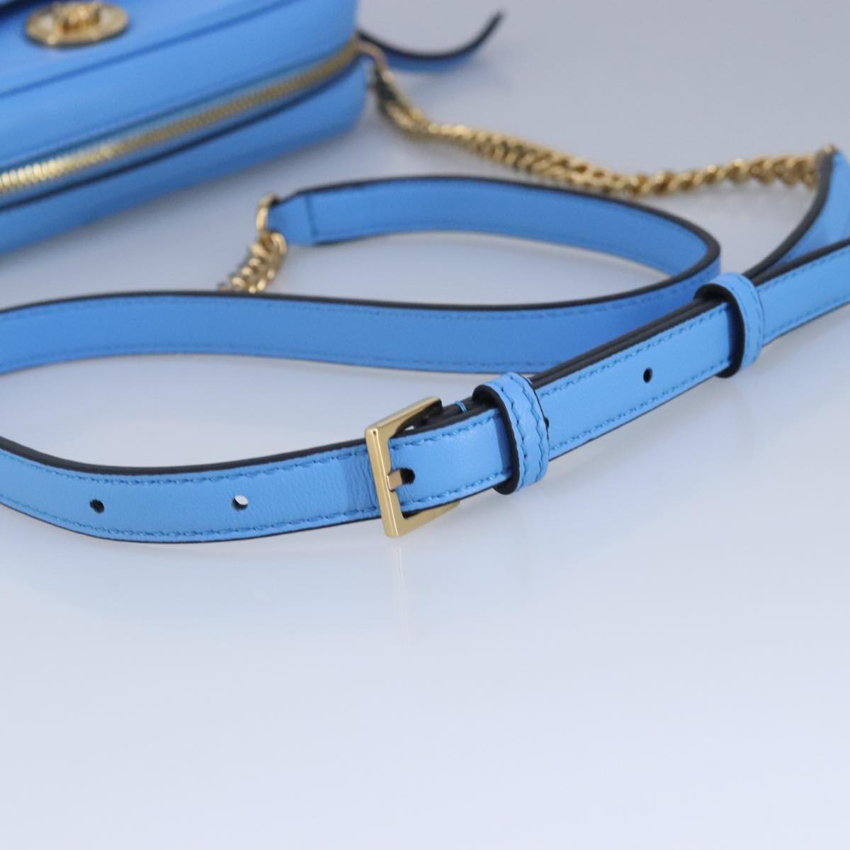 VERSACE Chain Shoulder Bag Leather Light Blue Gold Auth 99391