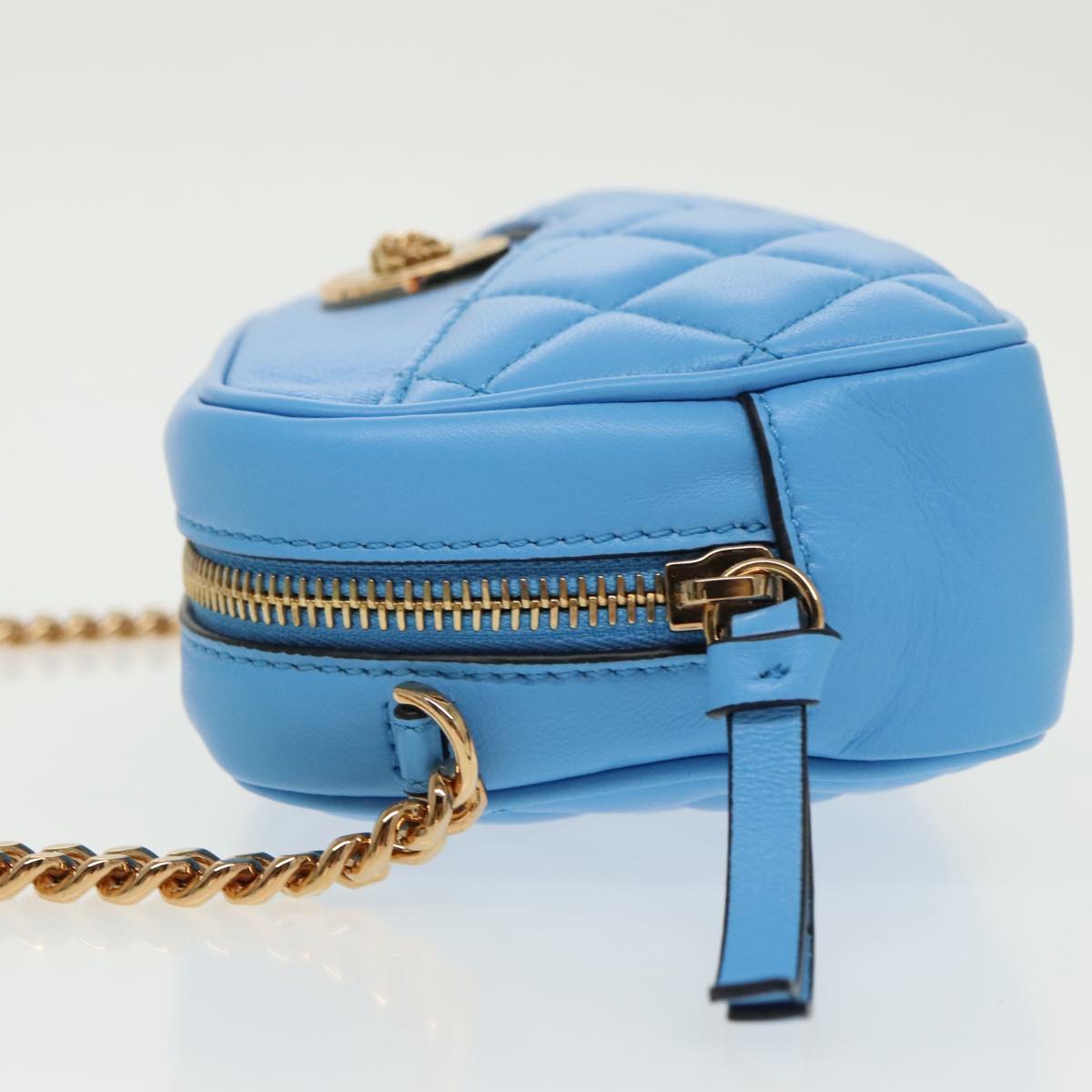 VERSACE Chain Shoulder Bag Leather Light Blue Gold Auth 99392