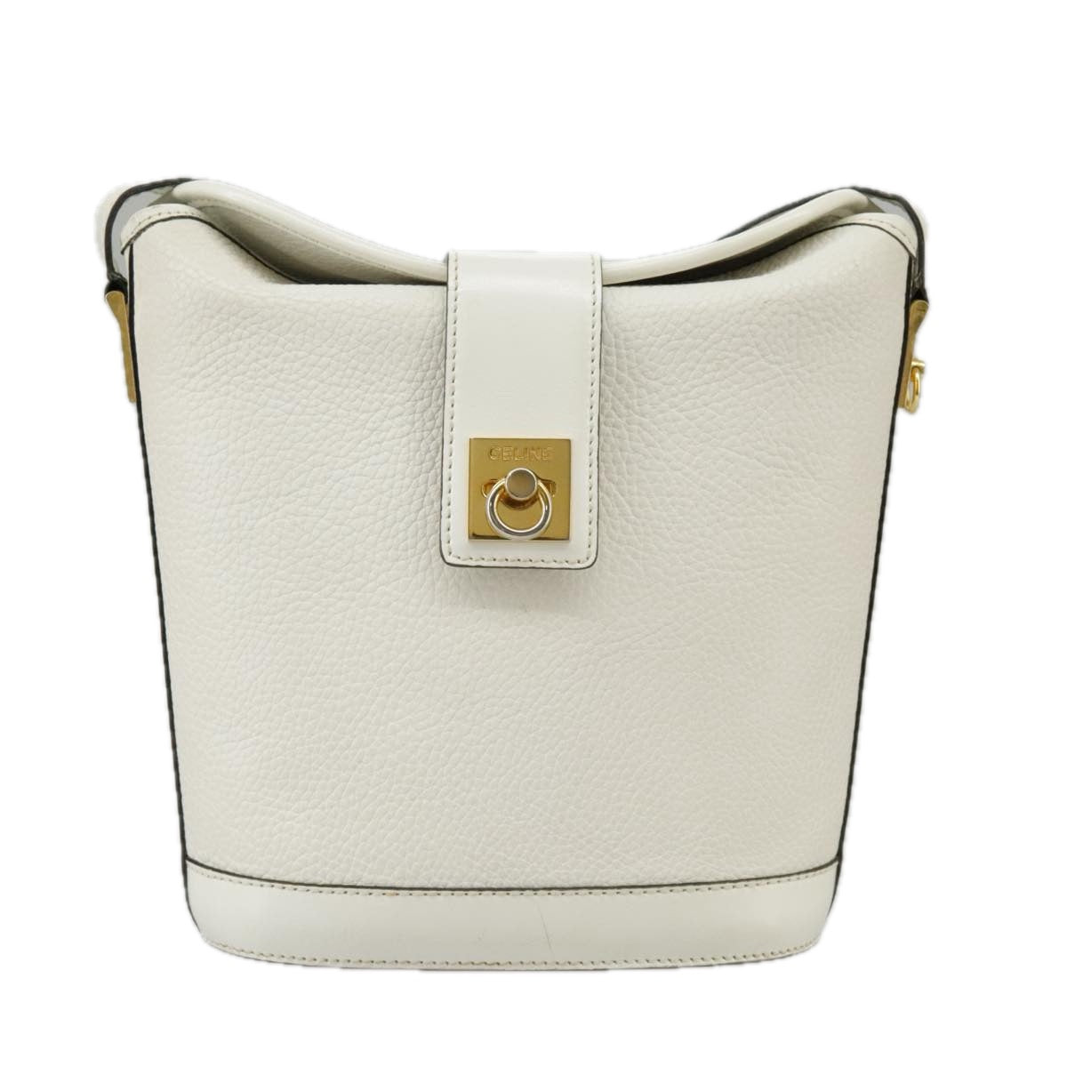 CELINE Shoulder Bag Leather White Gold Auth 99394