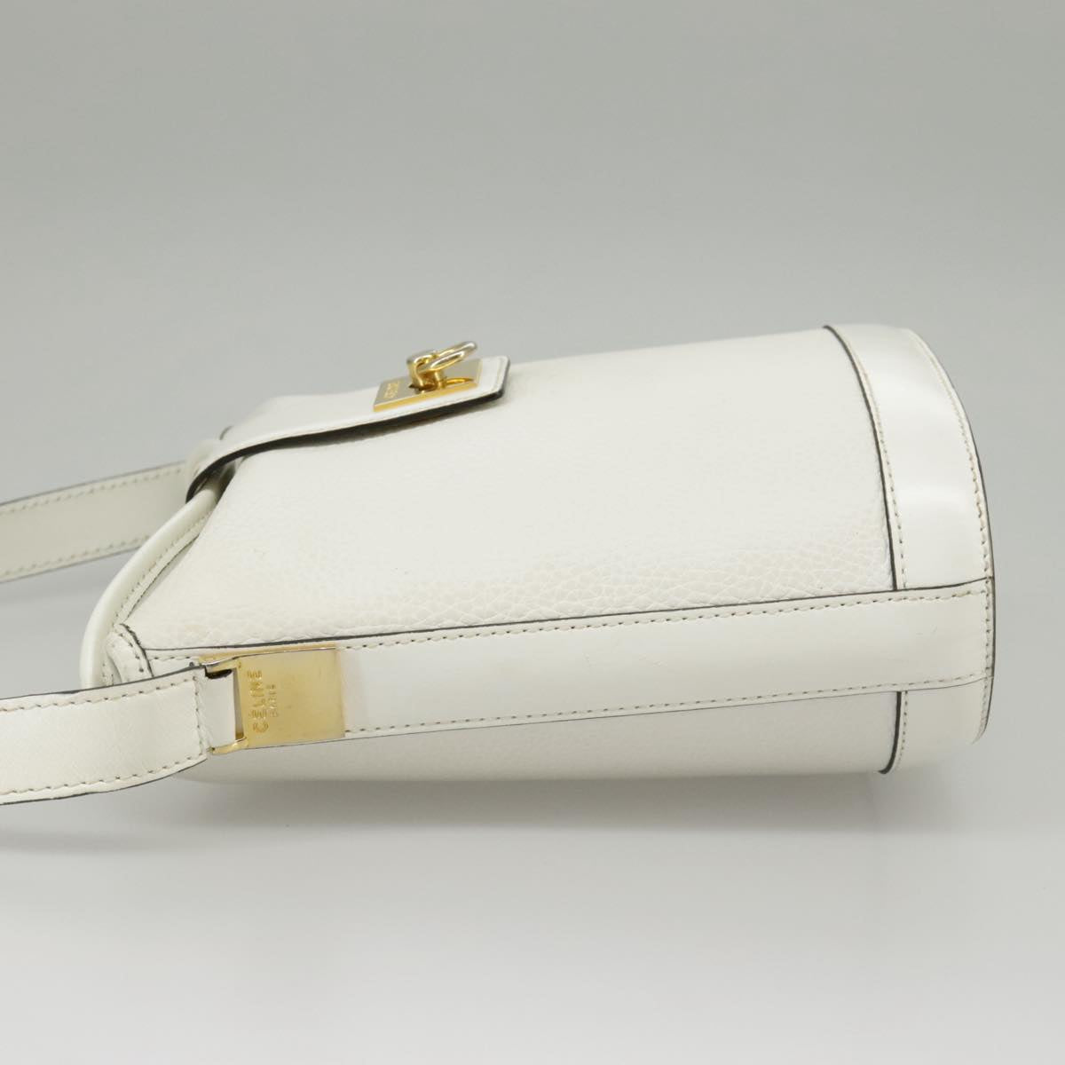 CELINE Shoulder Bag Leather White Gold Auth 99394