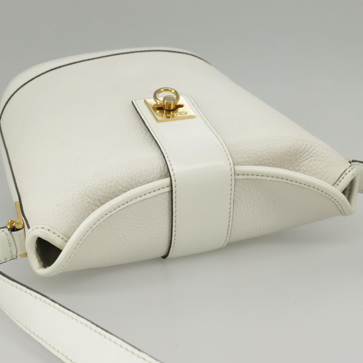 CELINE Shoulder Bag Leather White Gold Auth 99394