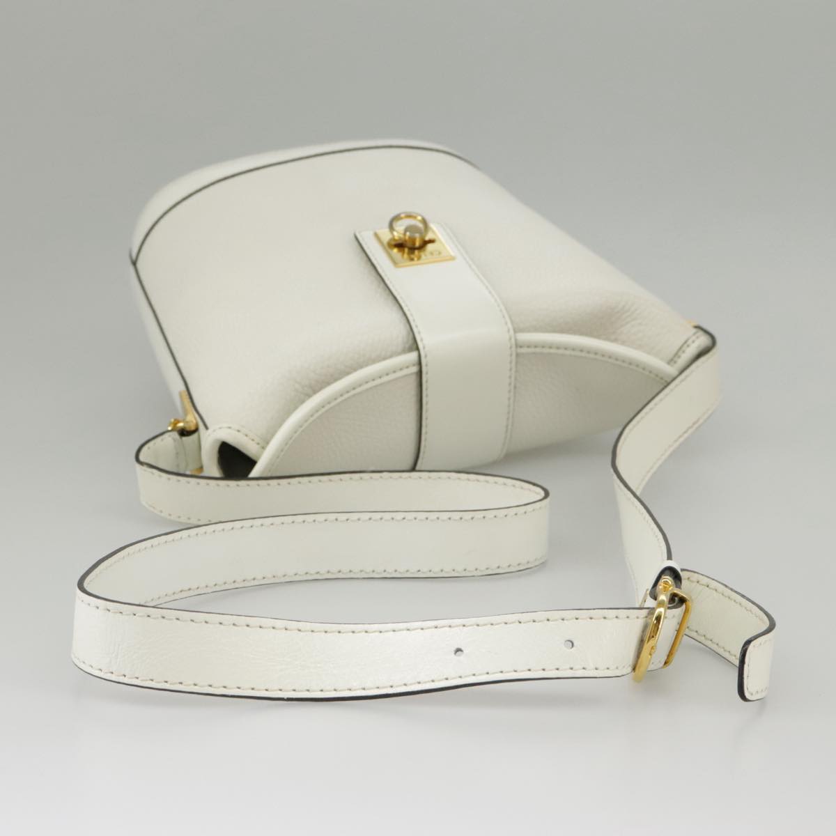 CELINE Shoulder Bag Leather White Gold Auth 99394