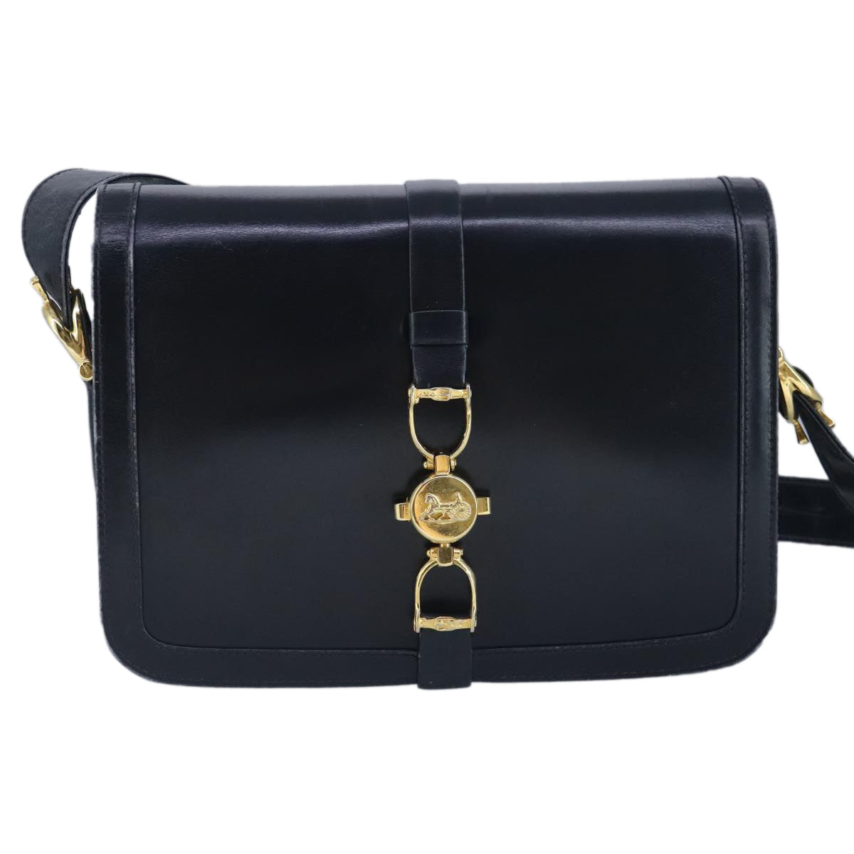 CELINE Shoulder Bag Leather Navy Gold Auth 99395