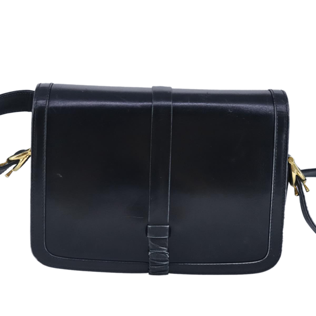 CELINE Shoulder Bag Leather Navy Gold Auth 99395