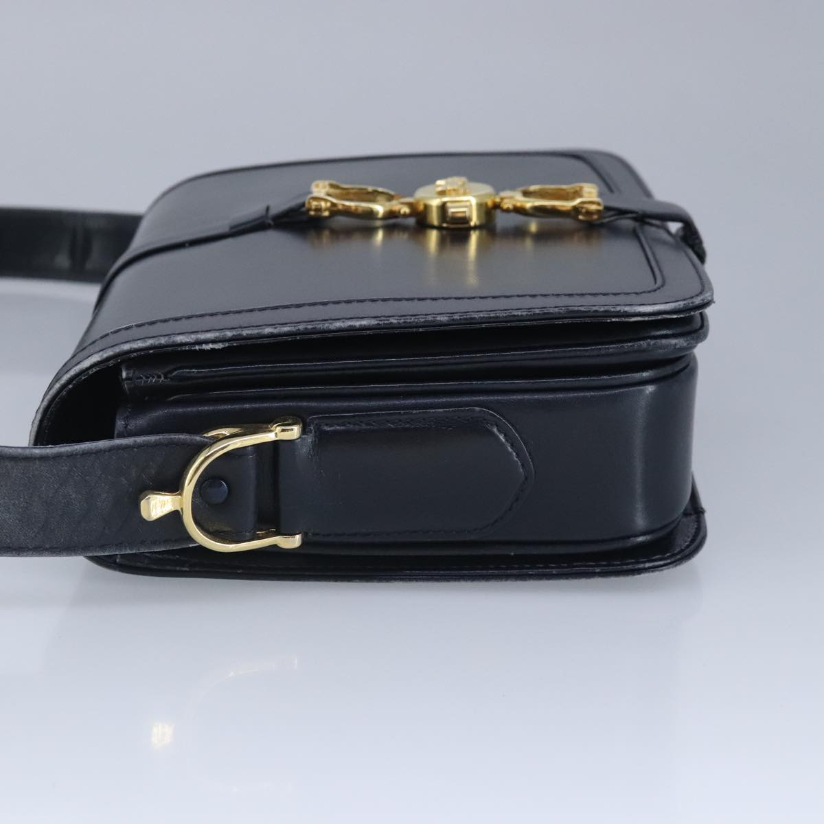 CELINE Shoulder Bag Leather Navy Gold Auth 99395