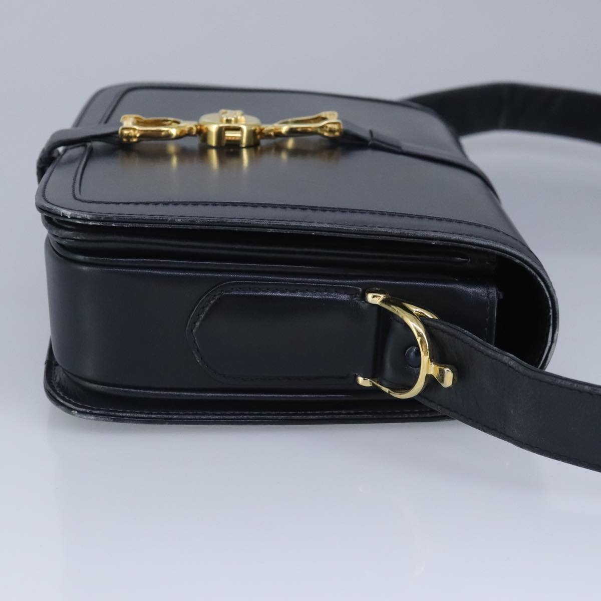 CELINE Shoulder Bag Leather Navy Gold Auth 99395