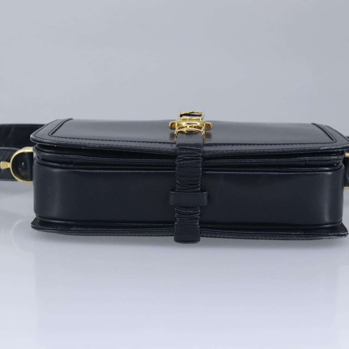 CELINE Shoulder Bag Leather Navy Gold Auth 99395