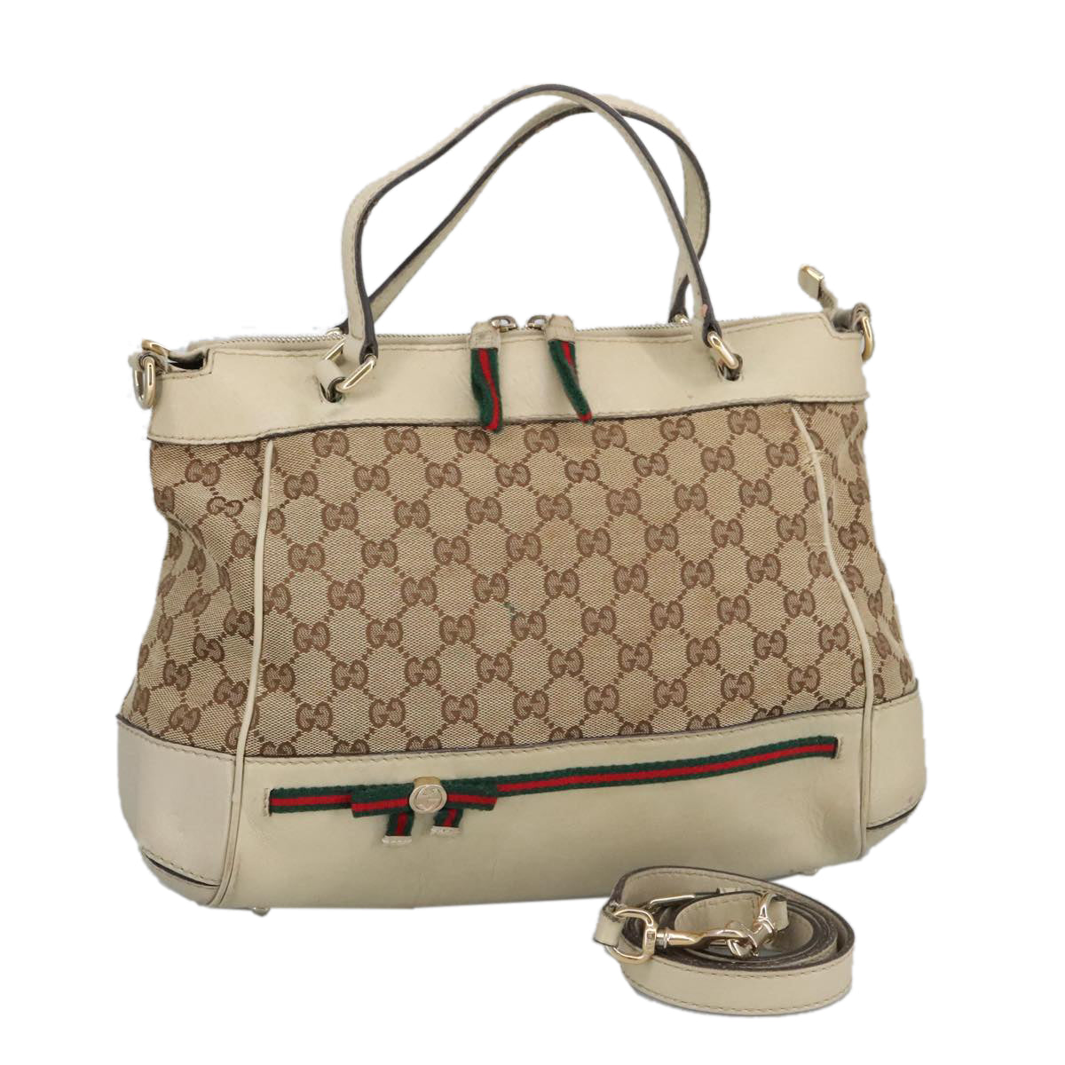 GUCCI GG Canvas Web Sherry Line Hand Bag 2way Beige Red 269894 Auth 99406