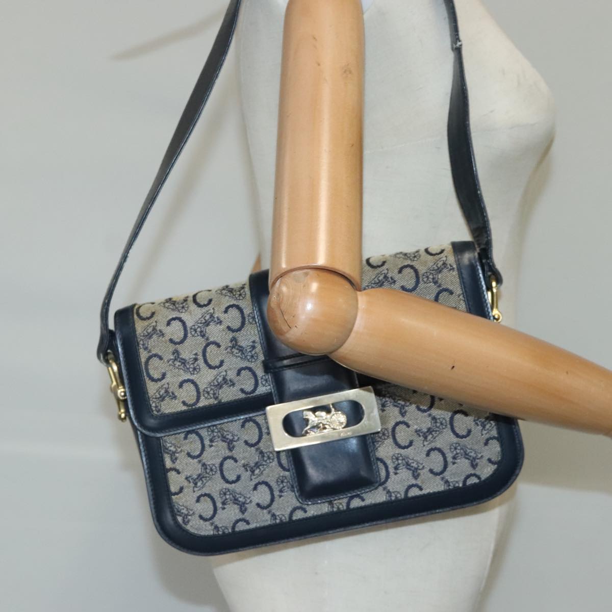 CELINE C saluki Shoulder Bag Canvas Navy Auth 99408