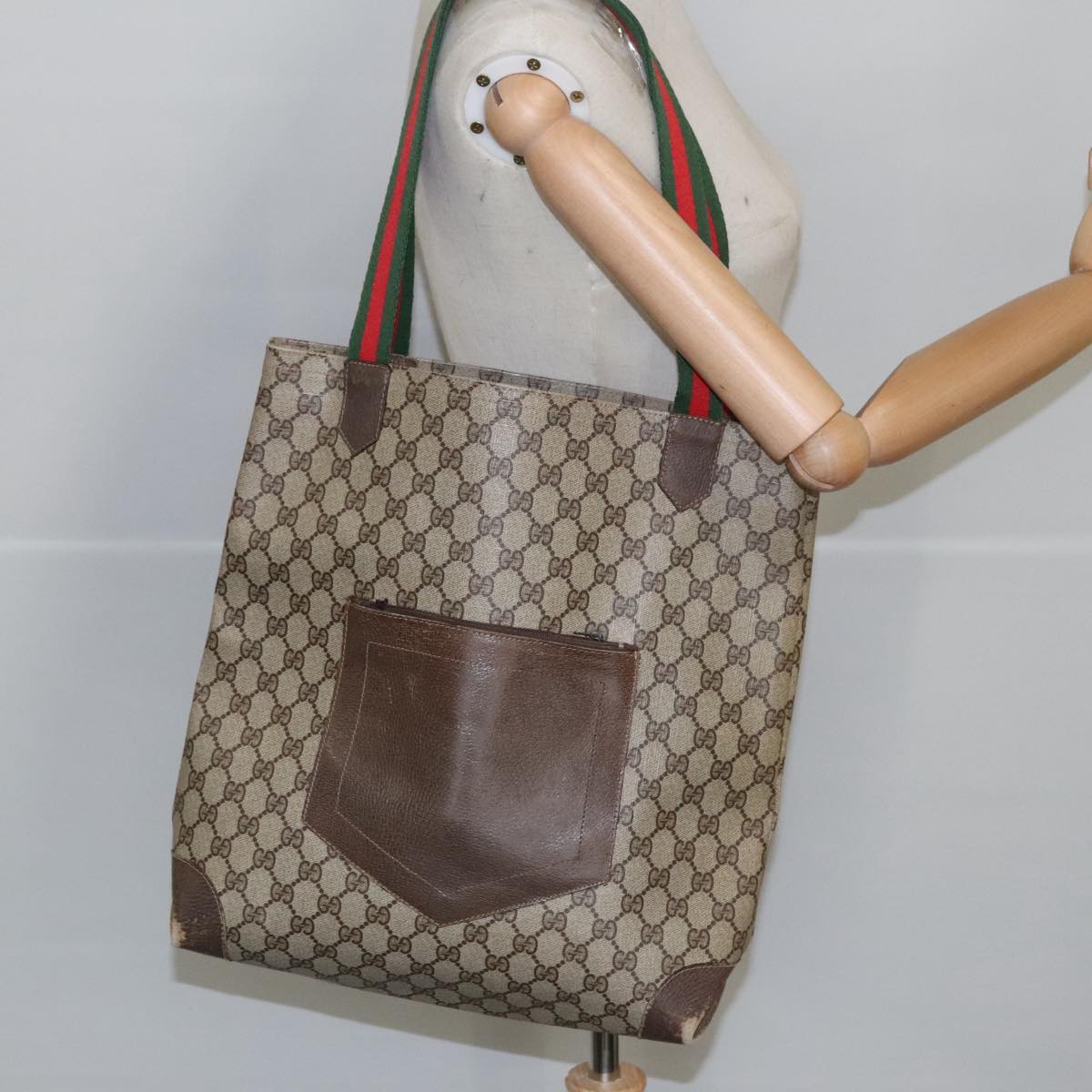 GUCCI GG Supreme Web Sherry Line Tote Bag PVC Beige Red Green Auth 99410