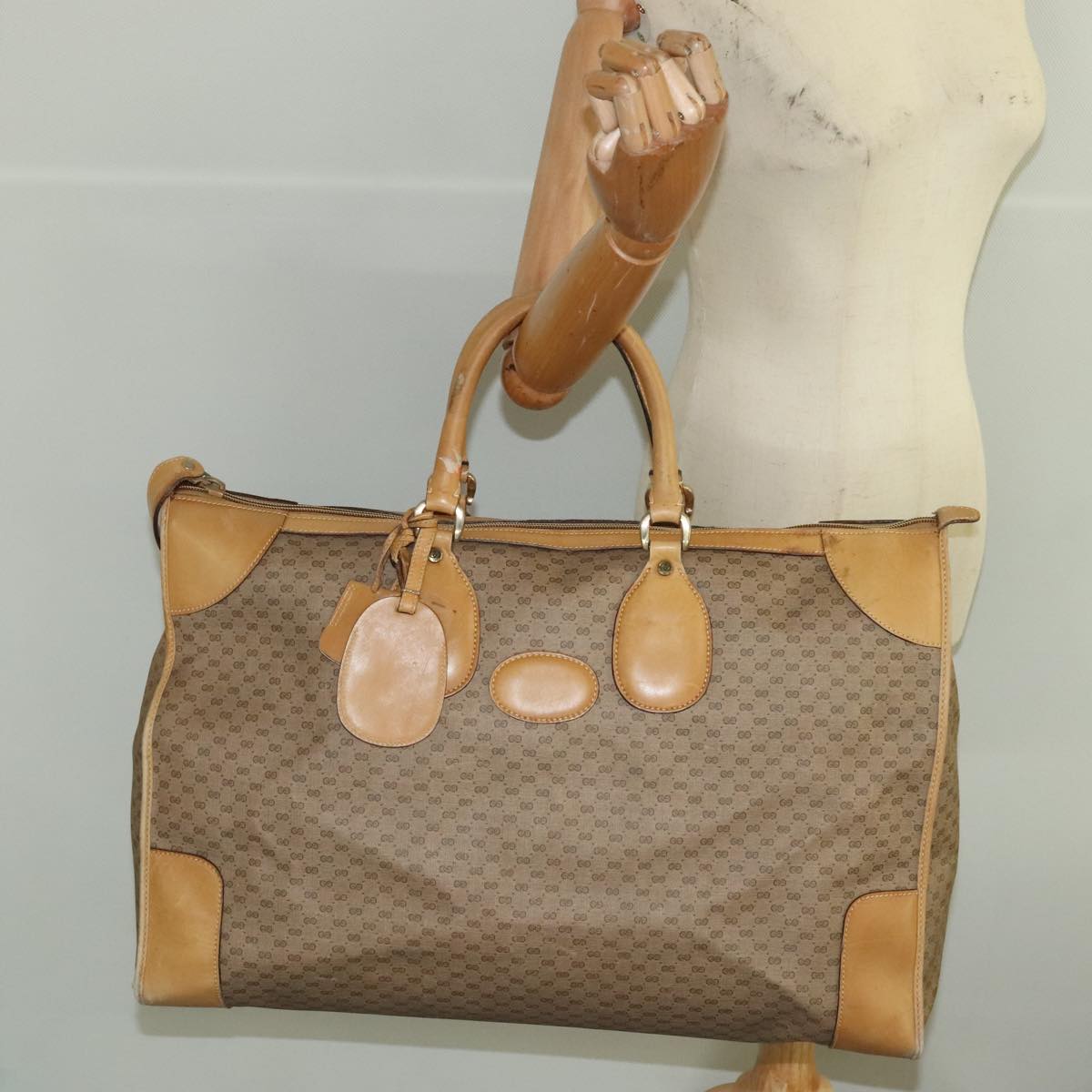 GUCCI Micro GG Canvas Boston Bag PVC Leather 2way Beige Auth 99419