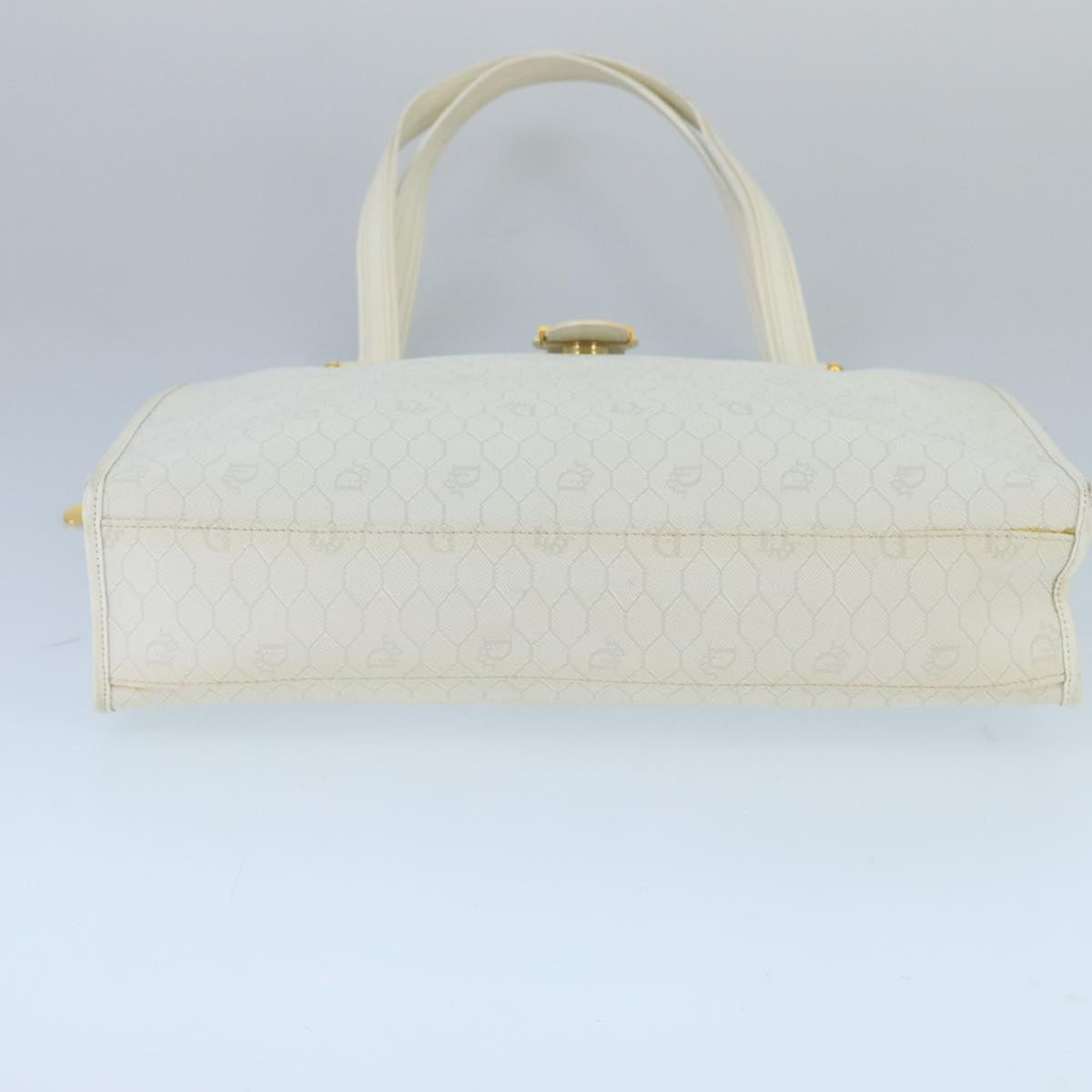 Christian Dior Honeycomb Canvas Shoulder Bag PVC Leather White Gold Auth 99479