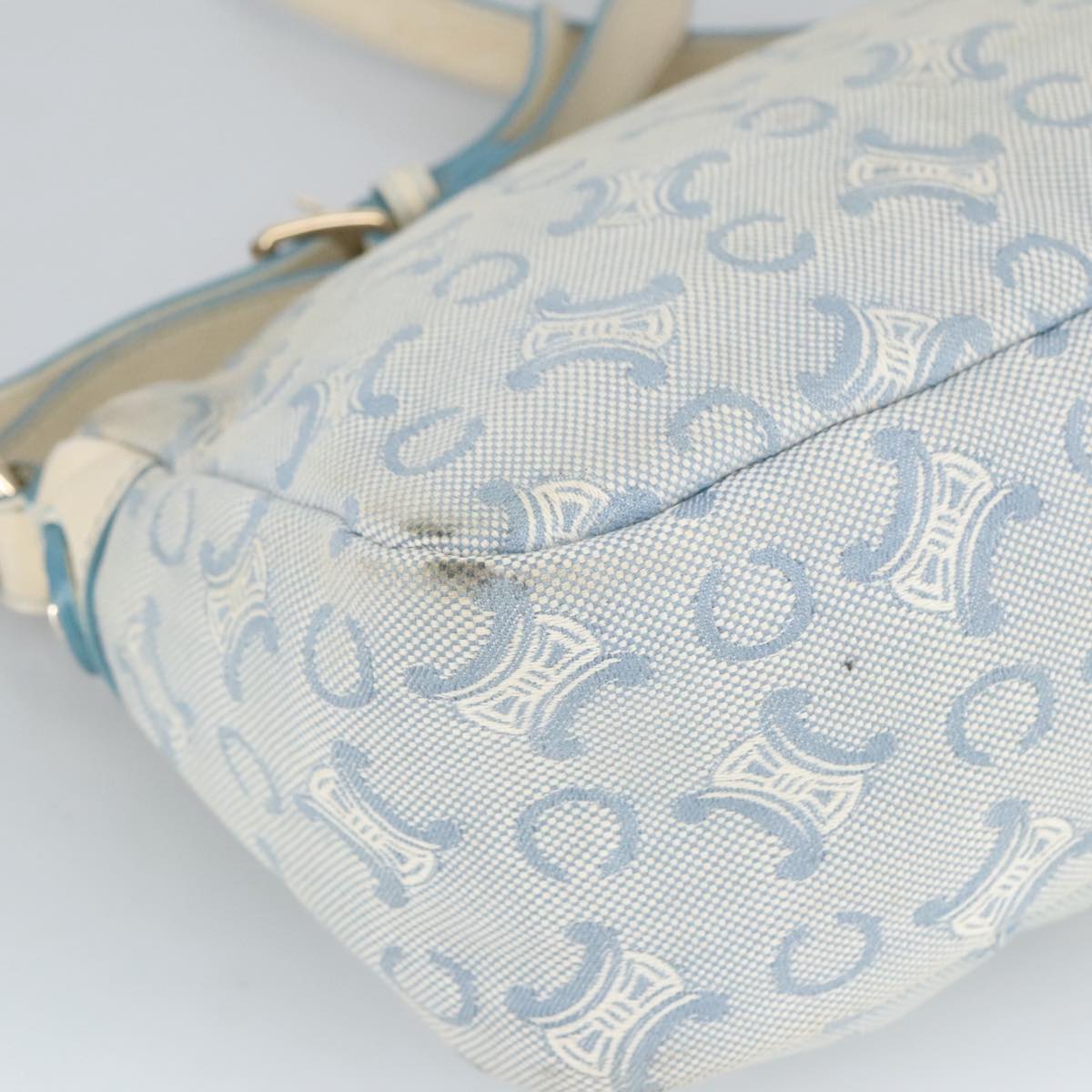 CELINE C Macadam Canvas Shoulder Bag Light Blue Silver Auth 99486