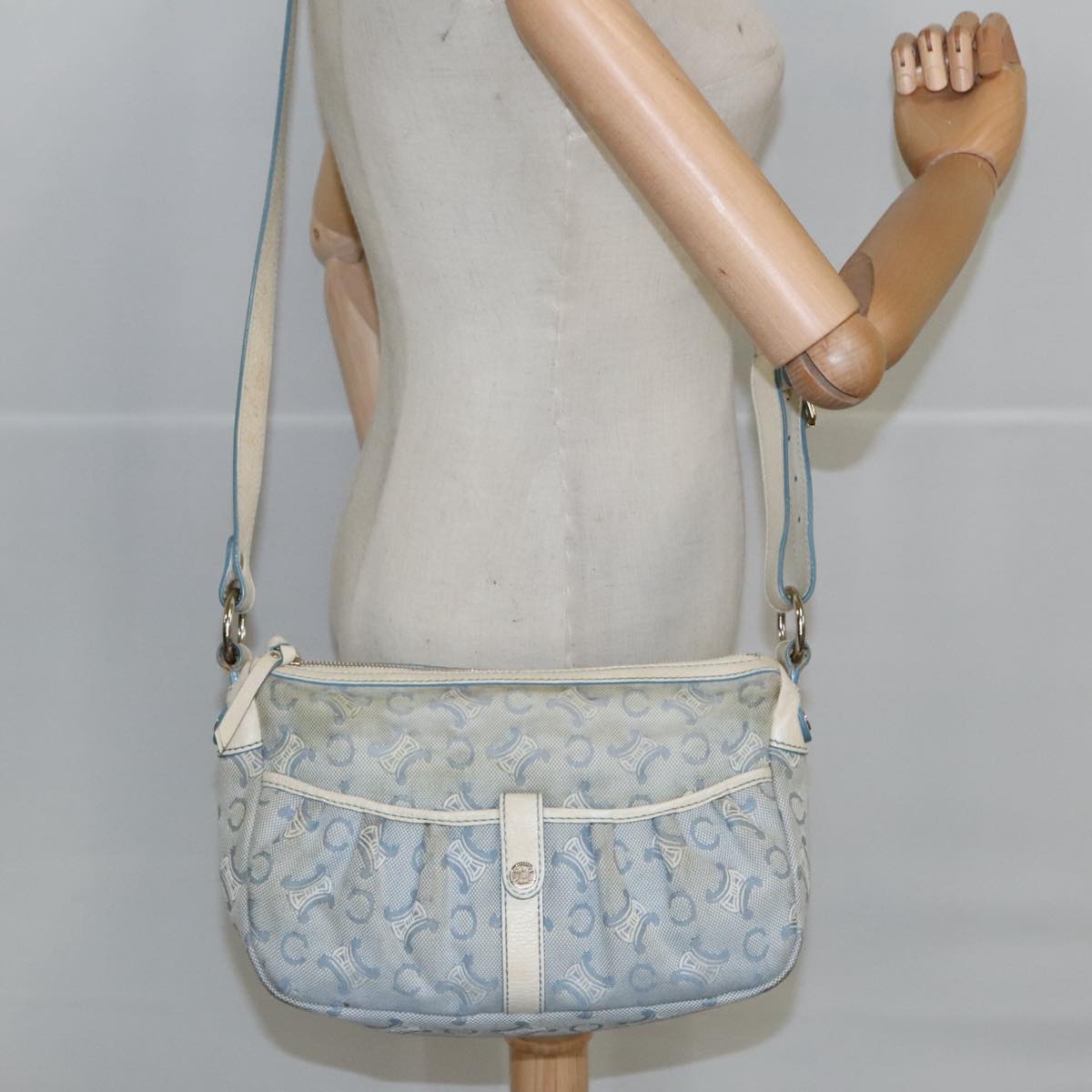 CELINE C Macadam Canvas Shoulder Bag Light Blue Silver Auth 99486