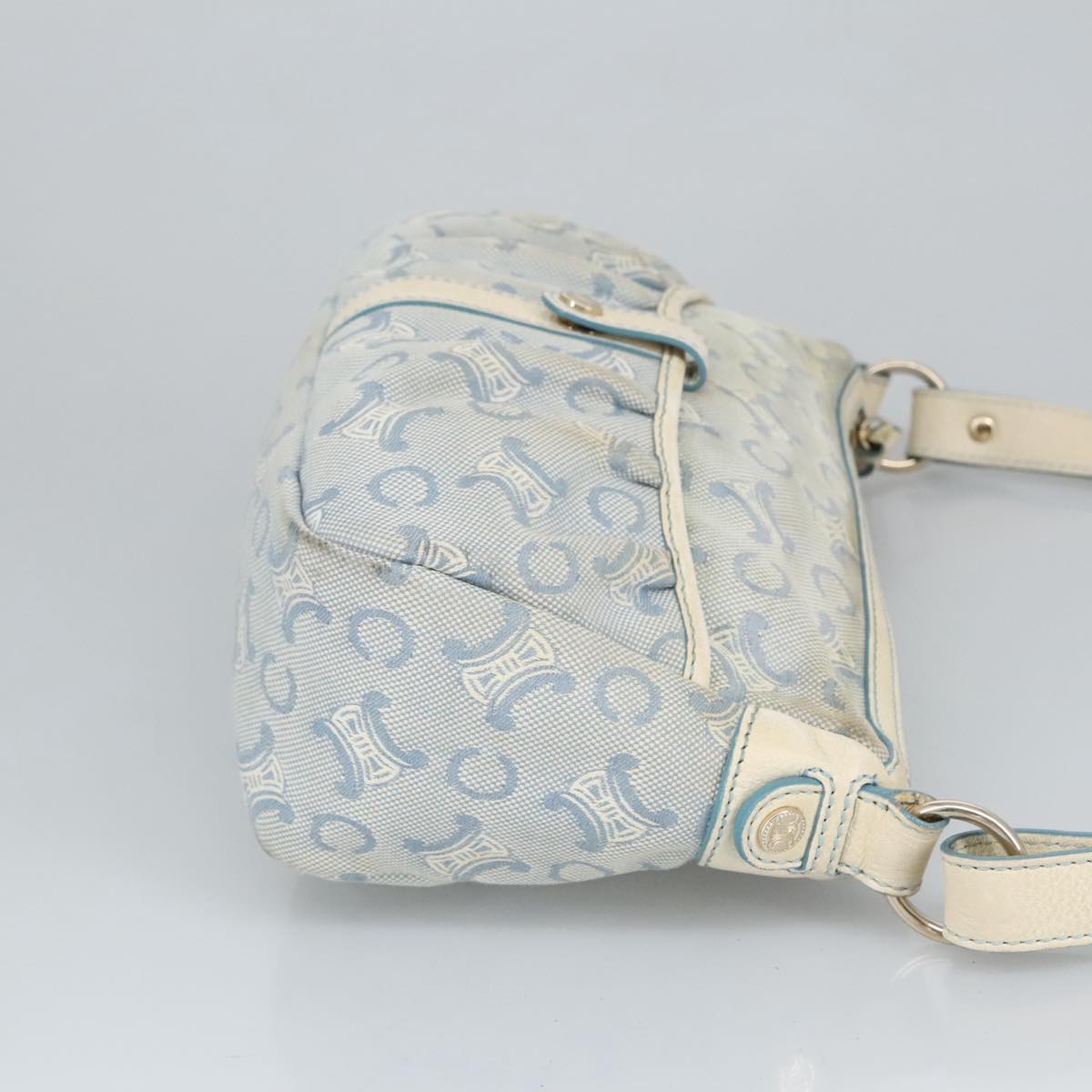 CELINE C Macadam Canvas Shoulder Bag Light Blue Silver Auth 99486