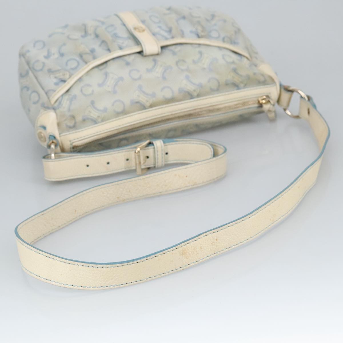 CELINE C Macadam Canvas Shoulder Bag Light Blue Silver Auth 99486