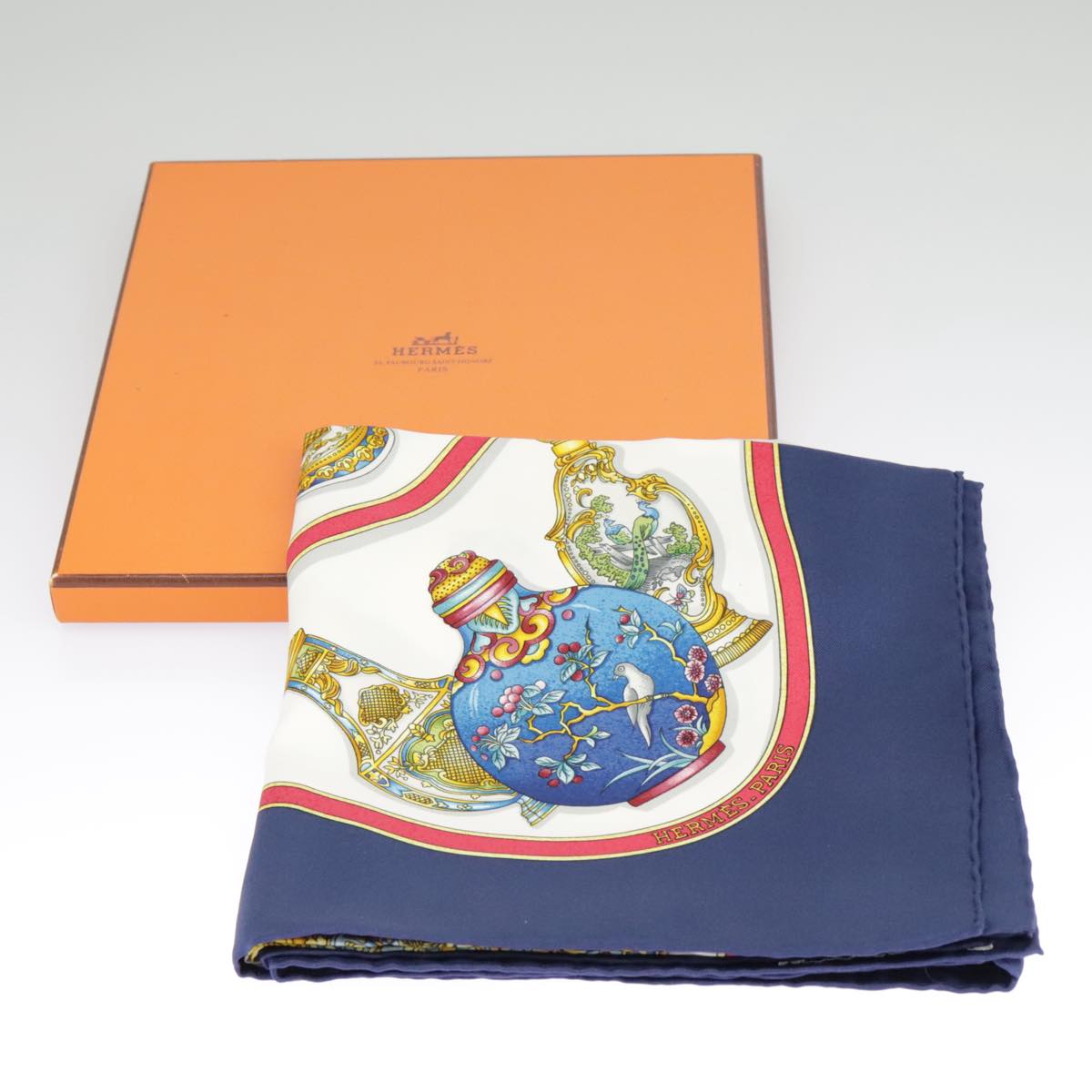 HERMES Carre 90 Scarf ""Pourvu qu'on ait l'ivresse"" Silk Blue White Auth 99530