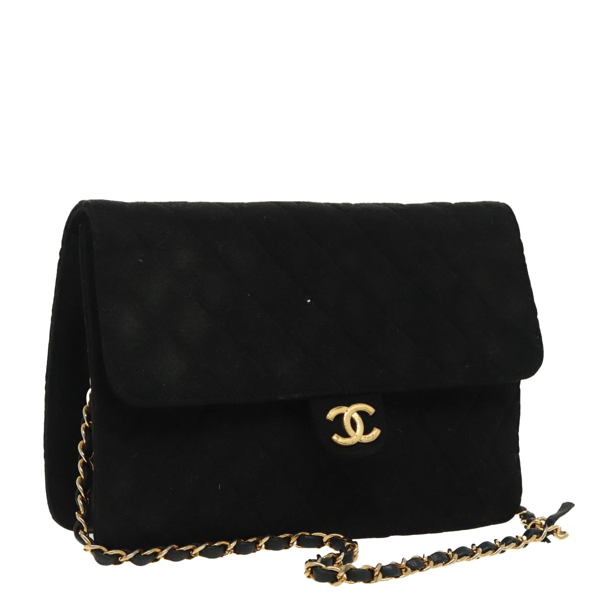 CHANEL Matelasse Chain Shoulder Bag Cotton Black Gold CC Auth 99531