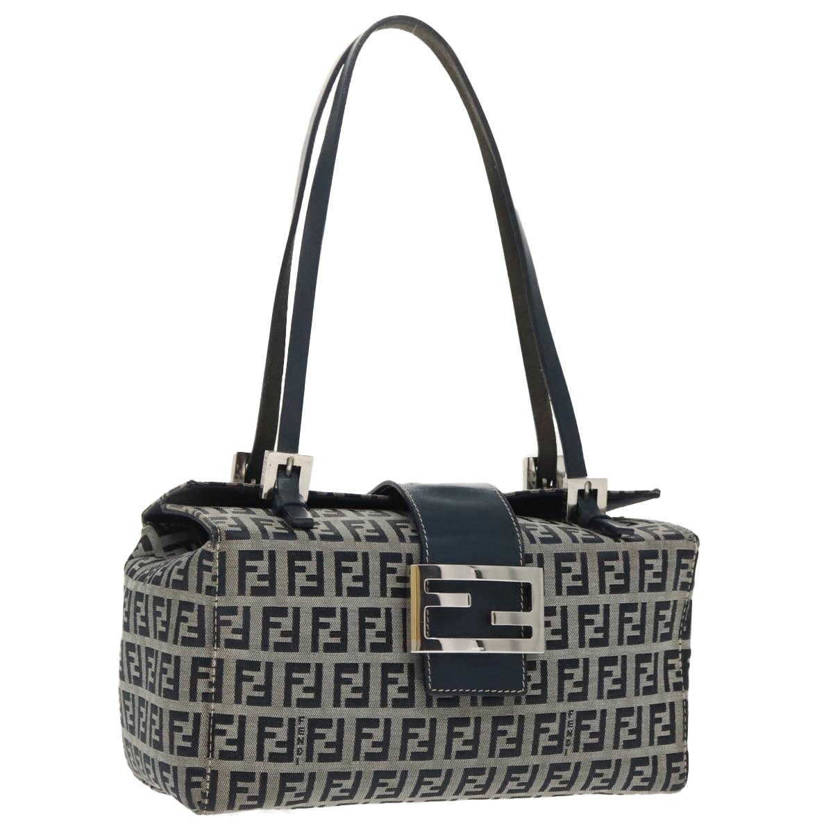 FENDI Zucchino Canvas Hand Bag Navy Silver Auth 99690