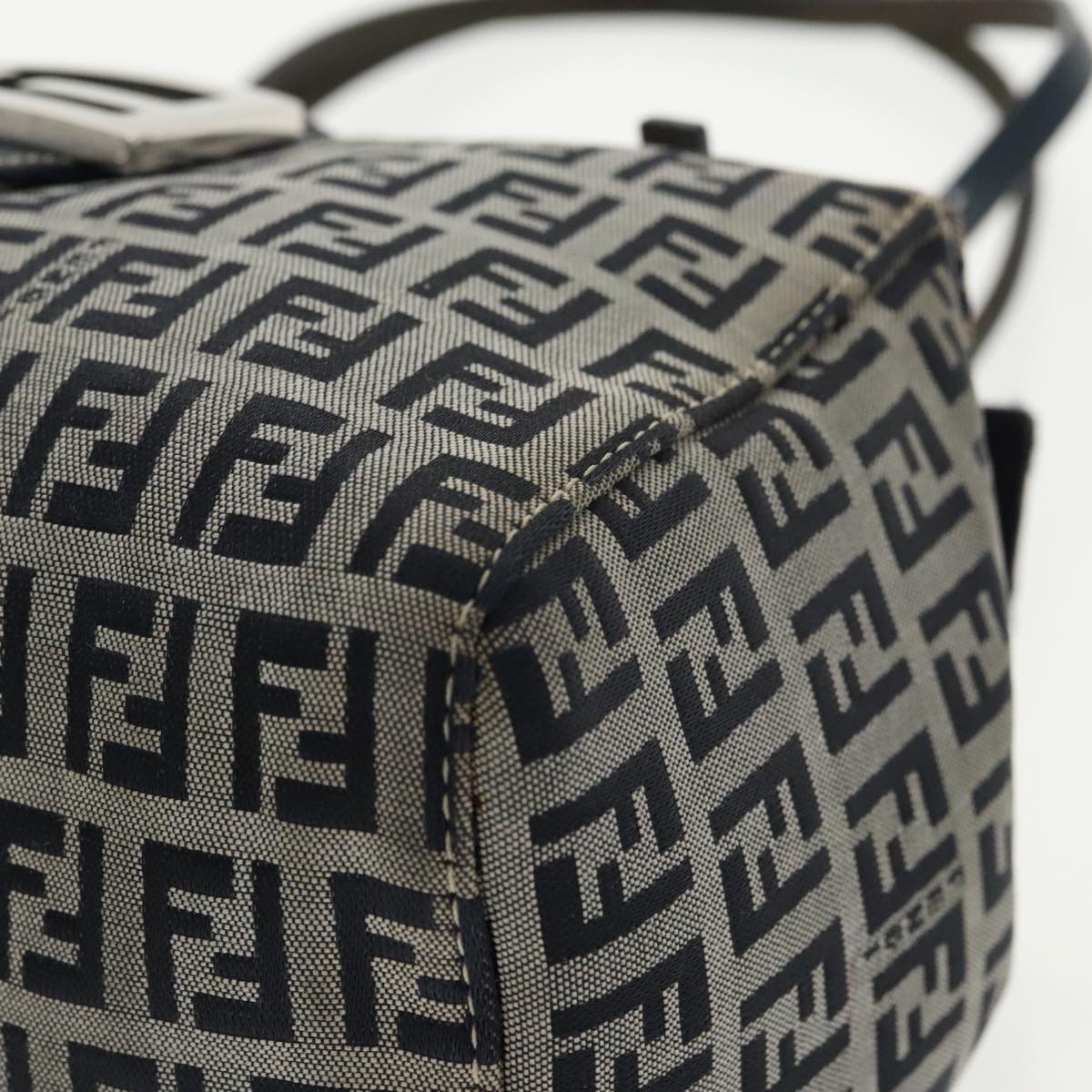 FENDI Zucchino Canvas Hand Bag Navy Silver Auth 99690