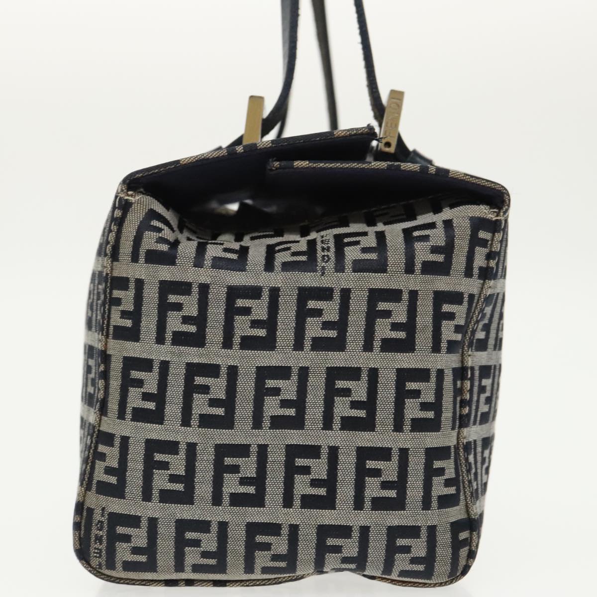 FENDI Zucchino Canvas Hand Bag Navy Silver Auth 99690