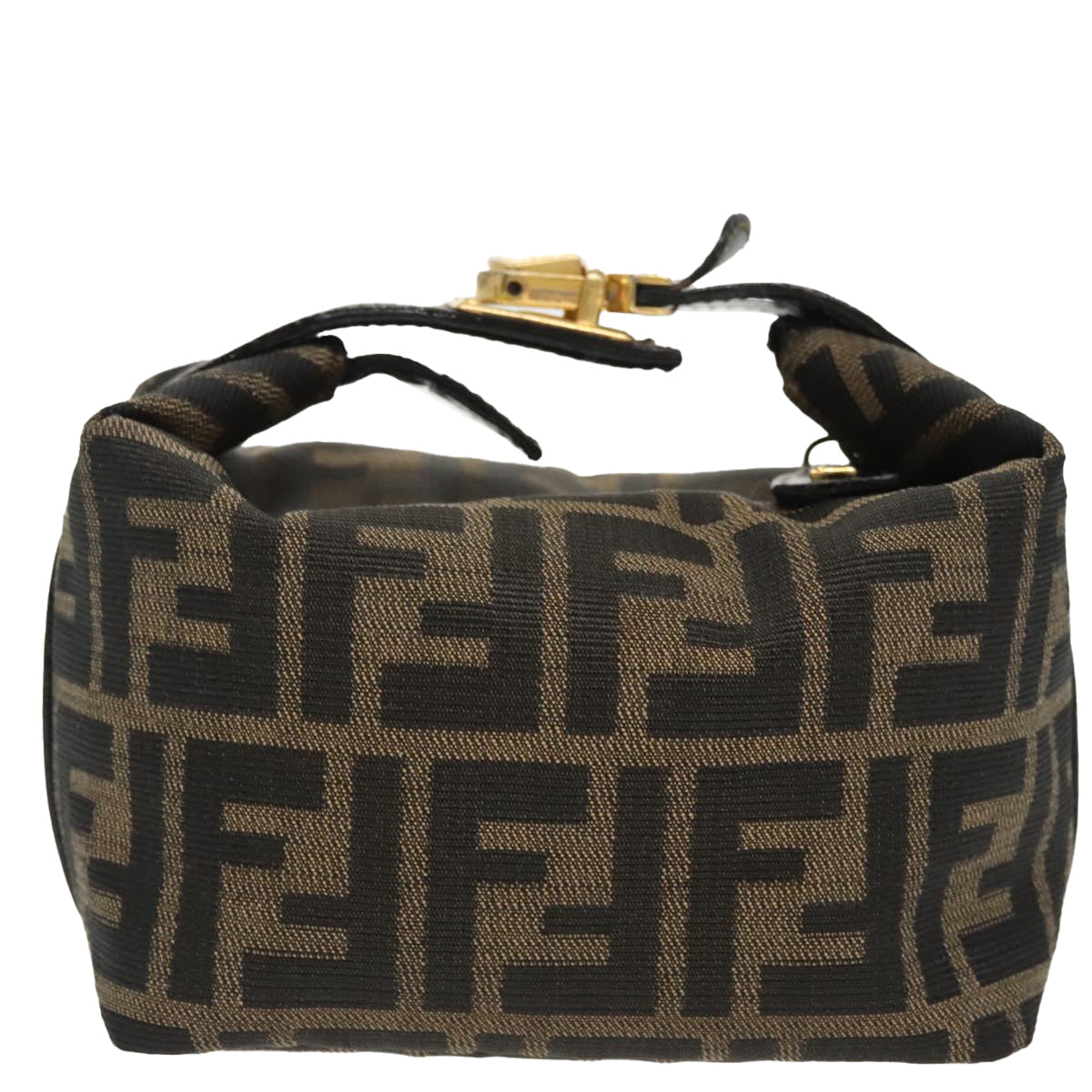 FENDI Zucca Canvas Vanity Pouch Brown Black gold Auth 99693