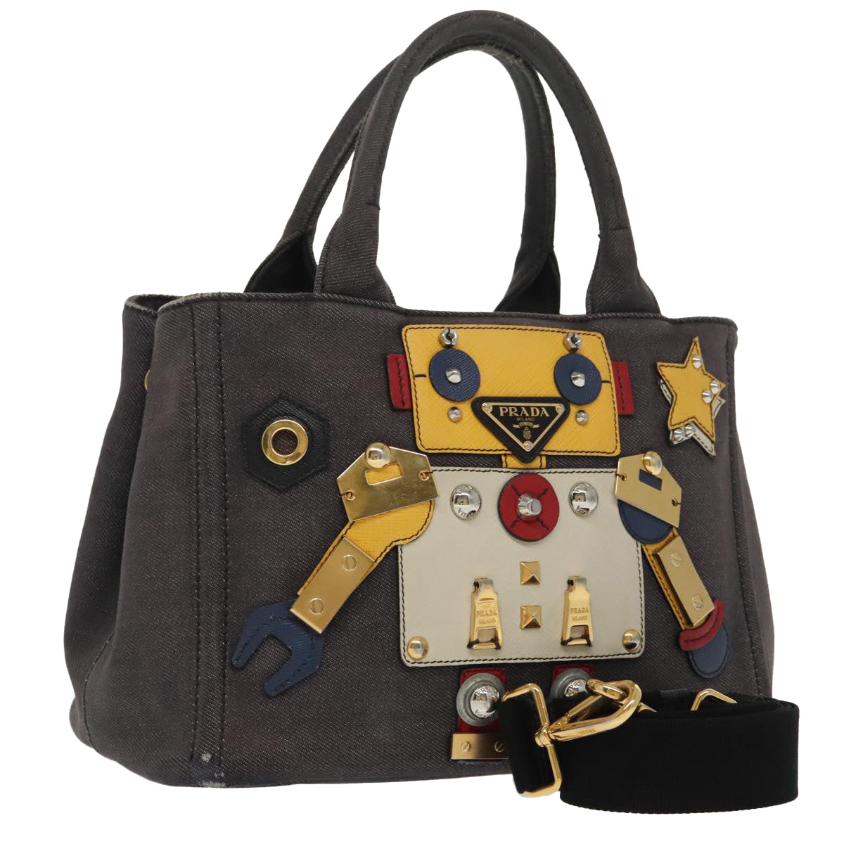 PRADA Robot Canapa PM Hand Bag Canvas 2way Navy Gold Auth 99696