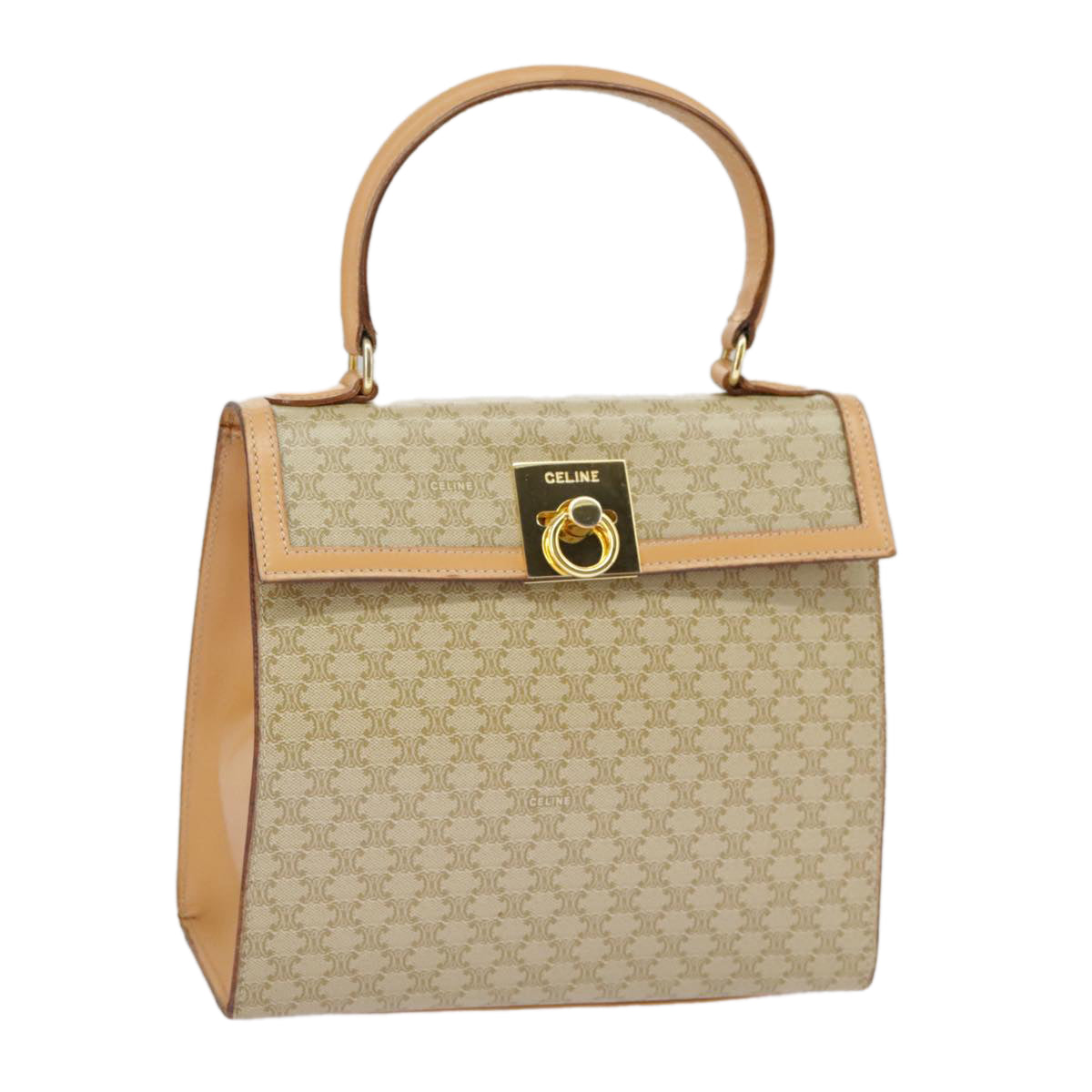 CELINE Macadam Canvas Hand Bag Beige Gold Auth 99709