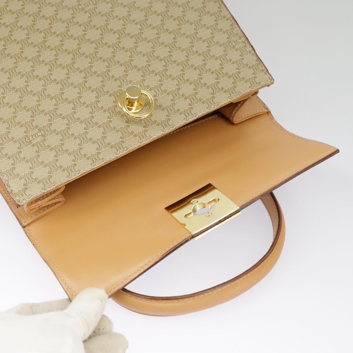 CELINE Macadam Canvas Hand Bag Beige Gold Auth 99709