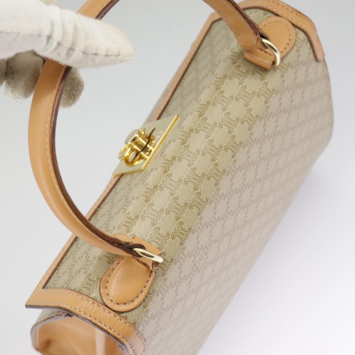 CELINE Macadam Canvas Hand Bag Beige Gold Auth 99709