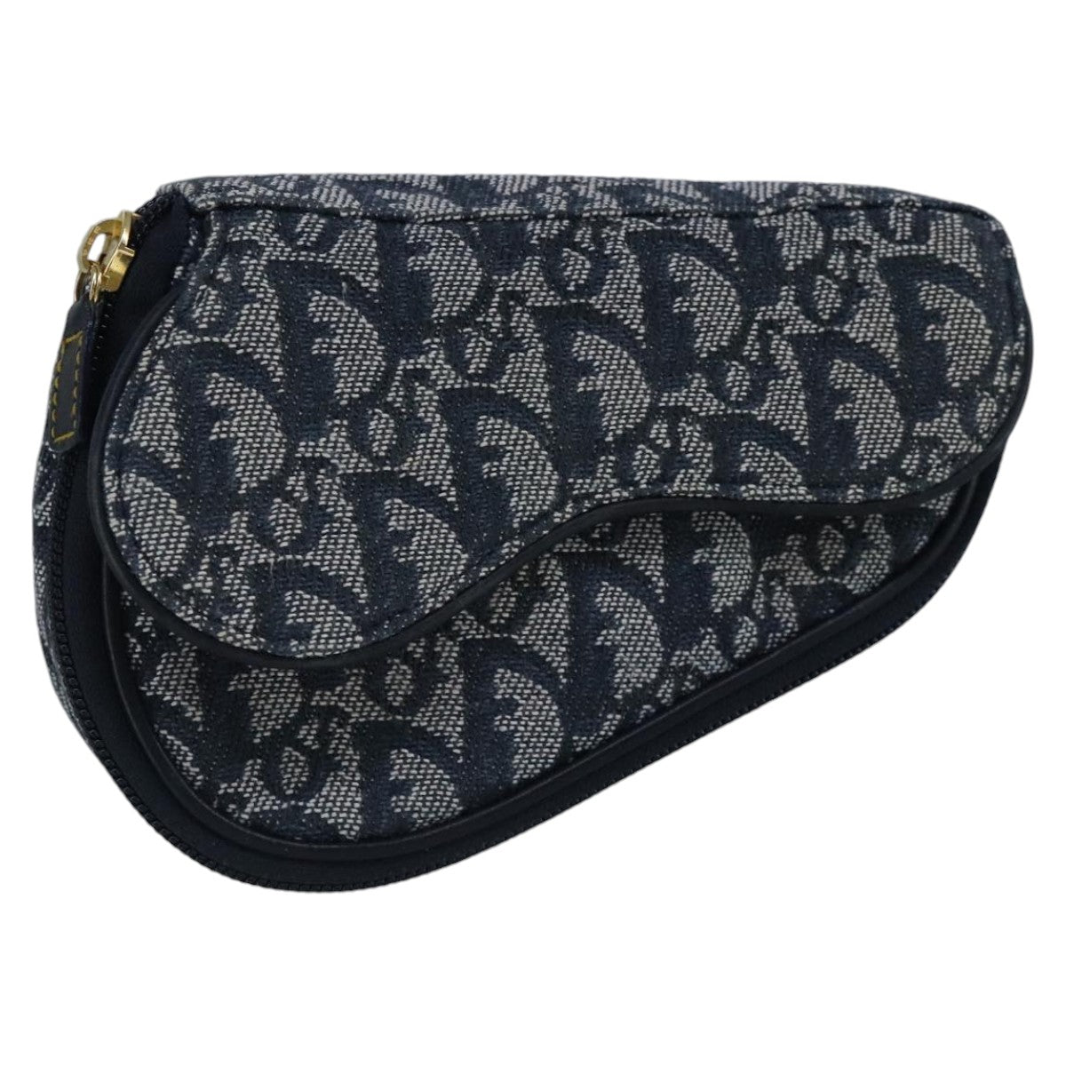 Christian Dior Trotter Canvas Saddle Pouch Navy Gold Auth 99724