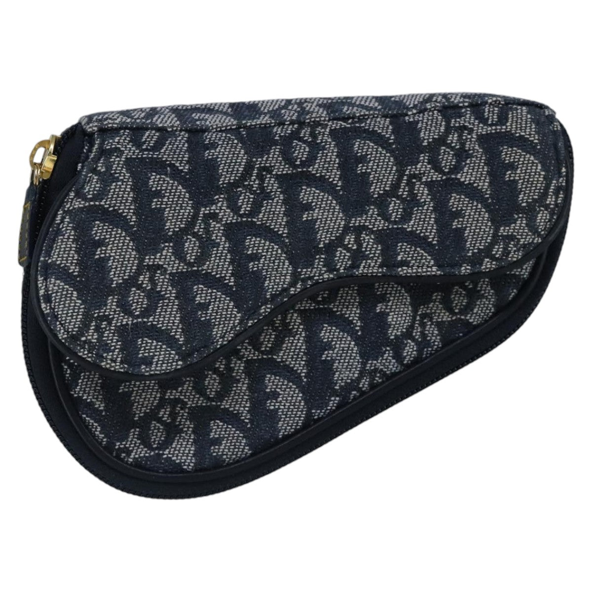 Christian Dior Trotter Canvas Saddle Pouch Navy Gold Auth 99724