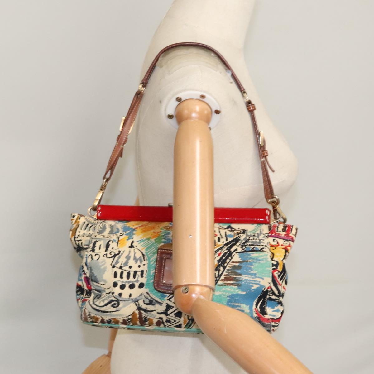 PRADA Shoulder Bag Canvas Multicolor Gold Auth 99767