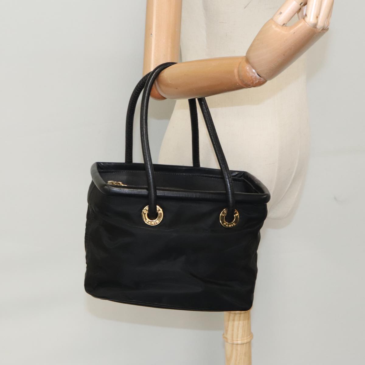 CELINE Hand Bag Nylon Black Gold Auth 99798