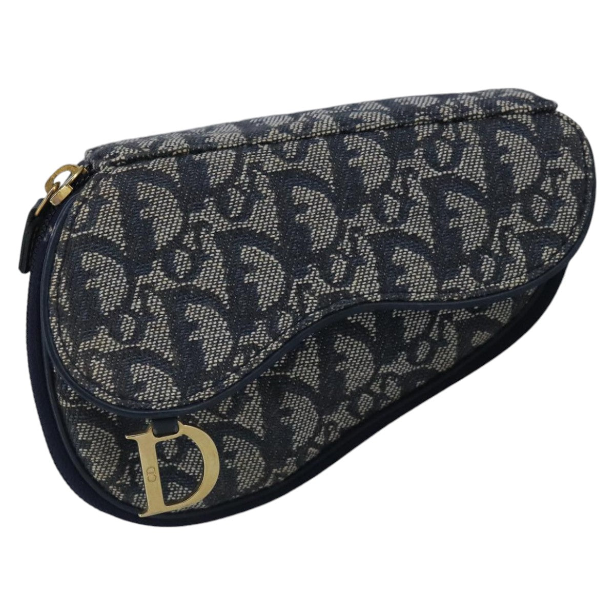 Christian Dior Trotter Canvas Saddle Pouch Navy Gold Auth 99839