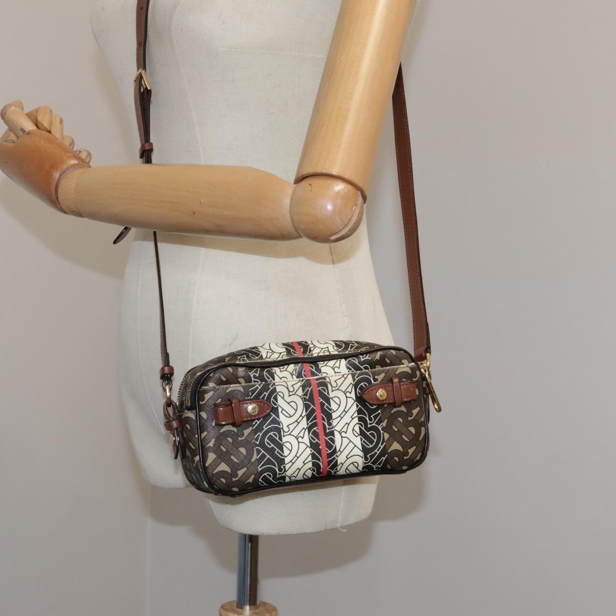 BURBERRY Monogram Stripe Shoulder Bag PVC Leather Brown Auth 99852