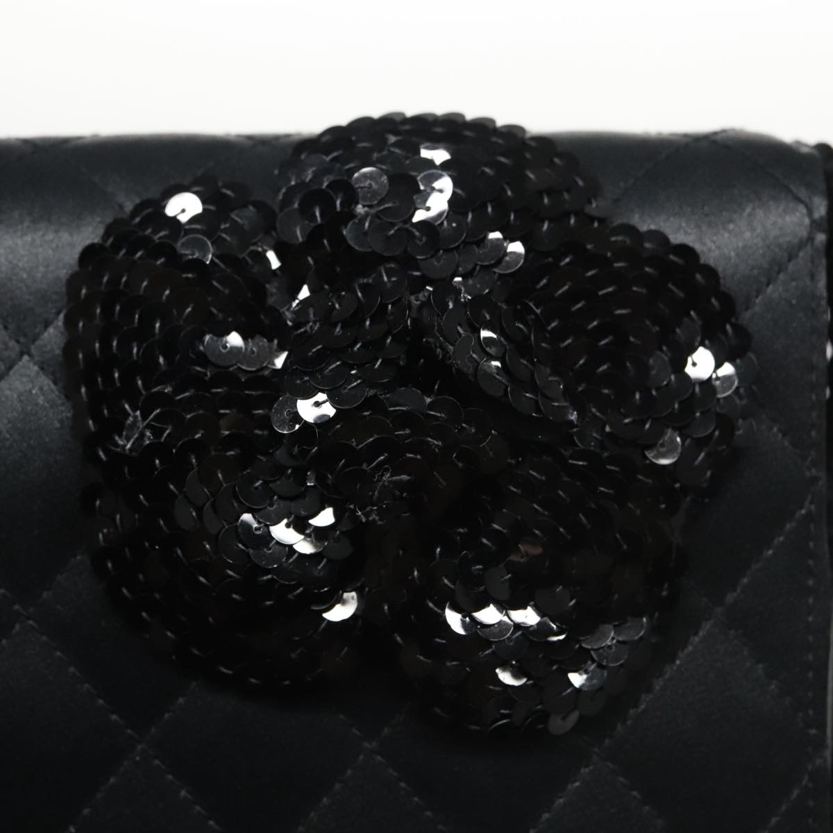 CHANEL Matelasse Sequin Flower Shoulder Bag Satin Black CC Auth 99855V