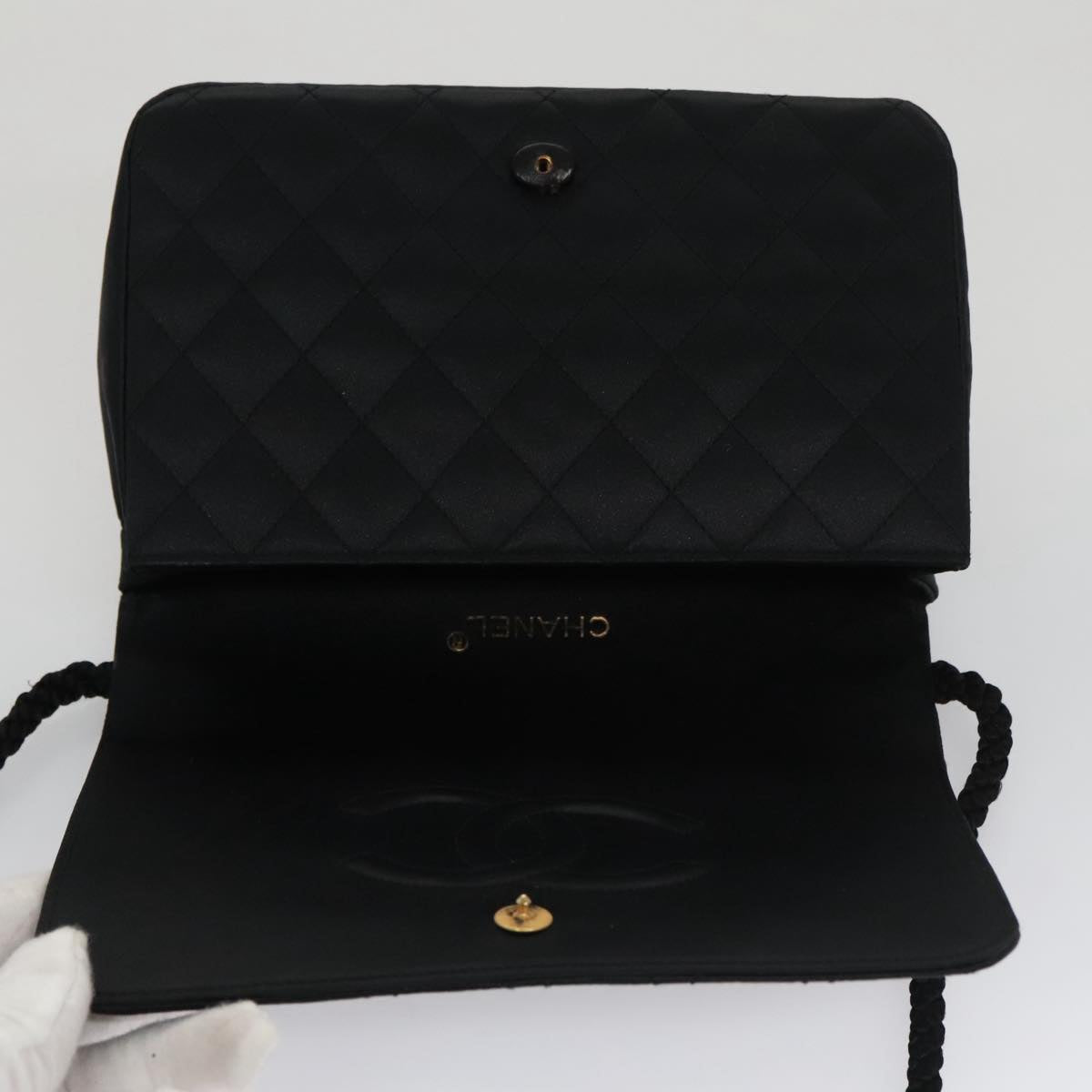 CHANEL Matelasse Sequin Flower Shoulder Bag Satin Black CC Auth 99855V