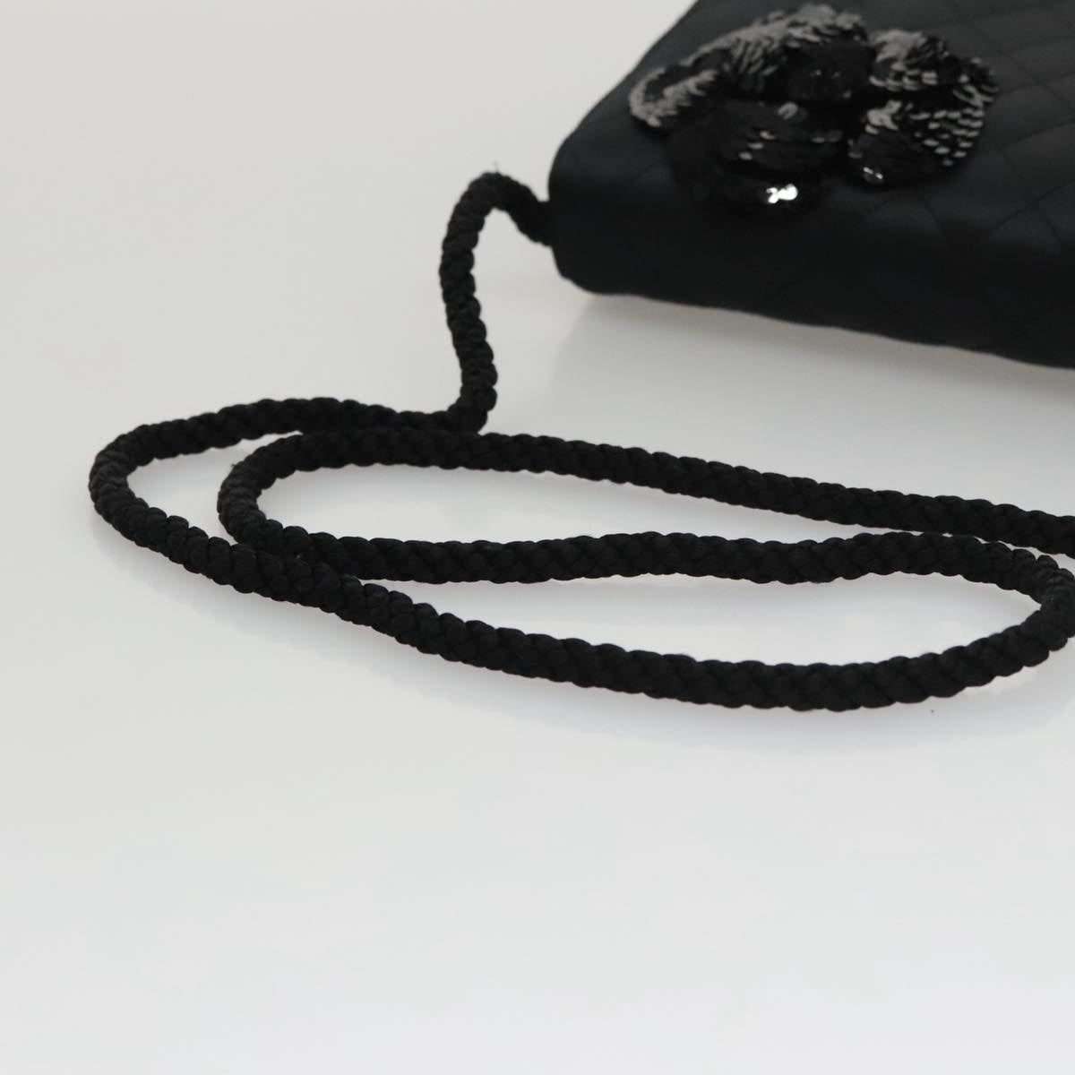 CHANEL Matelasse Sequin Flower Shoulder Bag Satin Black CC Auth 99855V