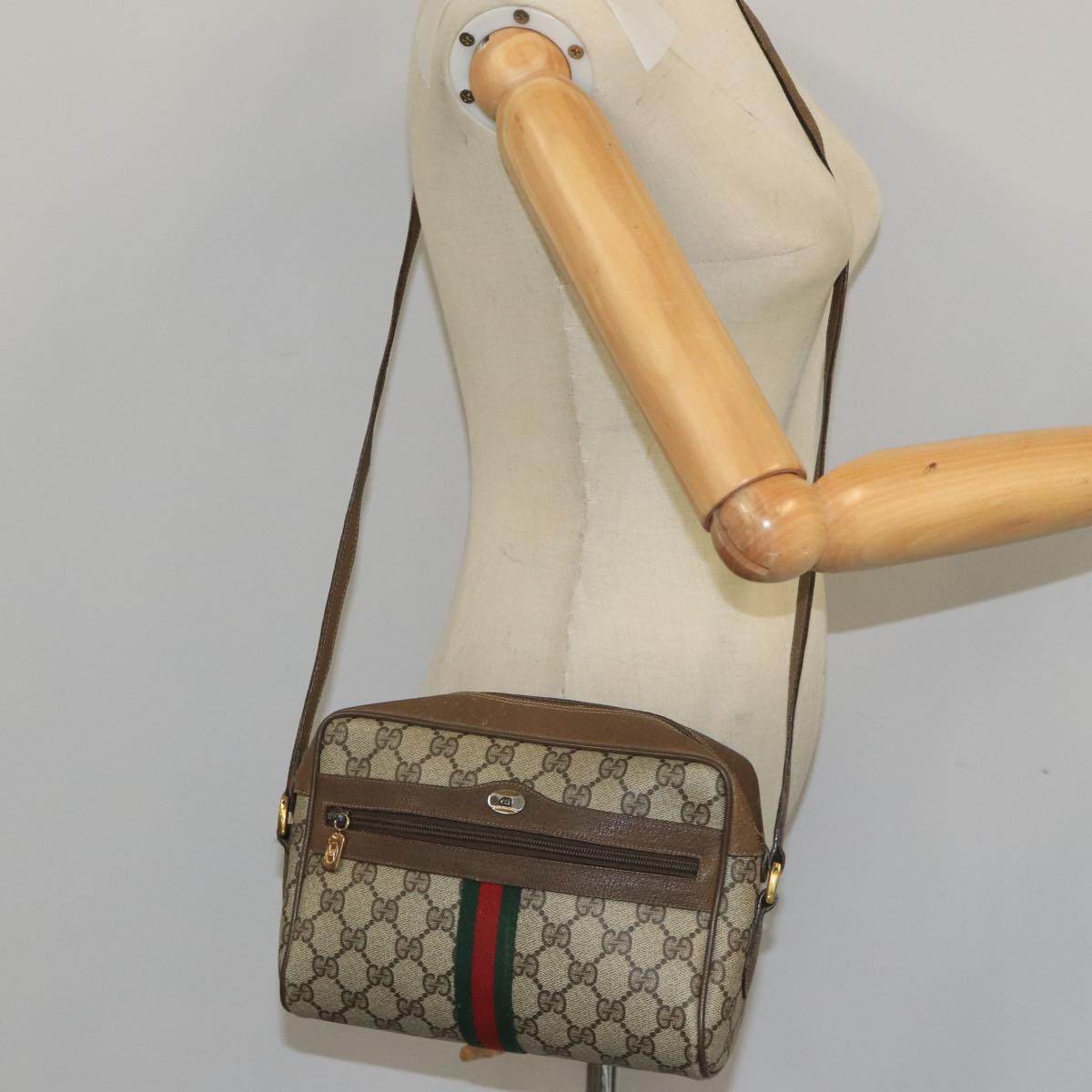 GUCCI GG Supreme Web Sherry Line Shoulder Bag PVC Beige Auth 99858