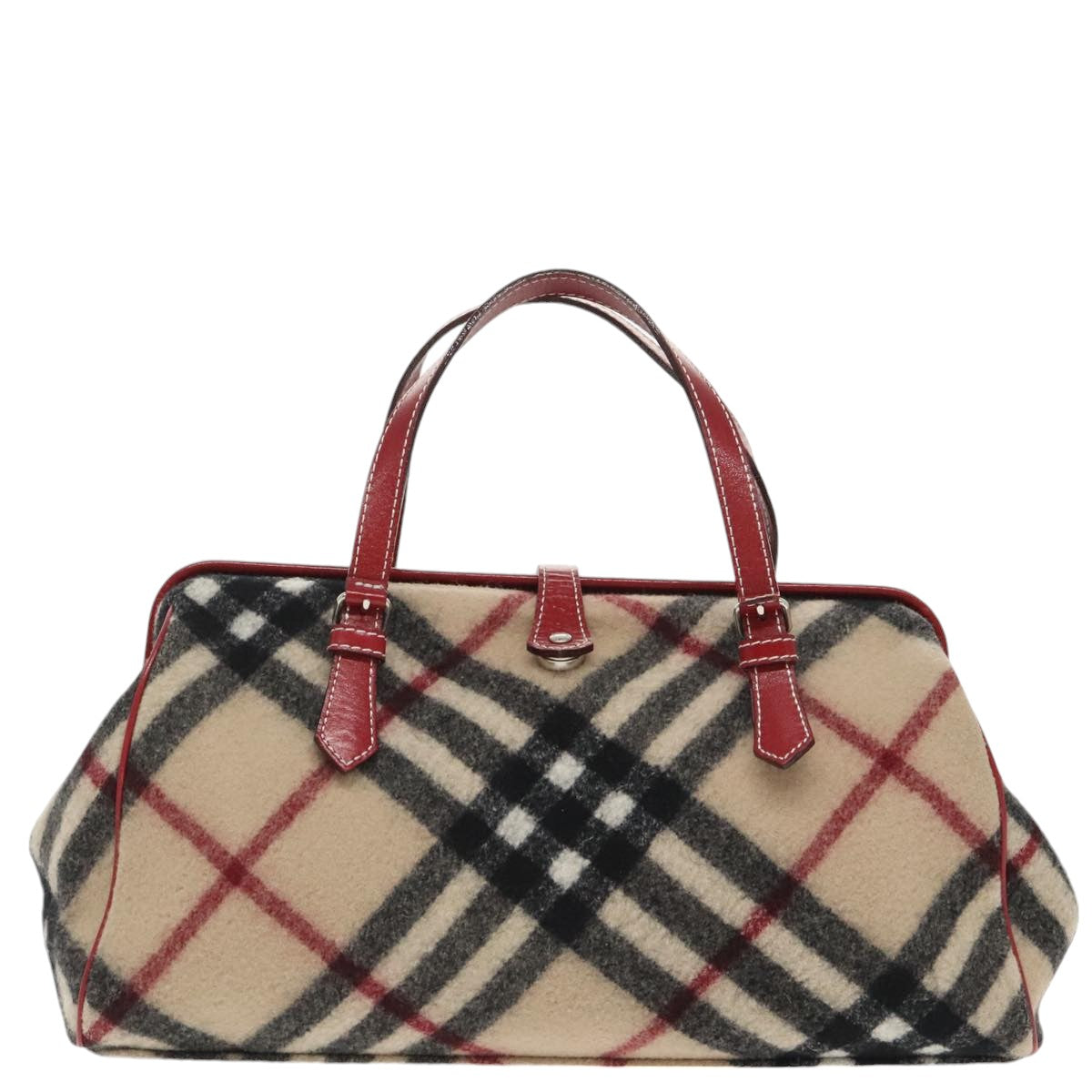 BURBERRY Nova Check Hand Bag Wool Leather Beige Red Auth 99864