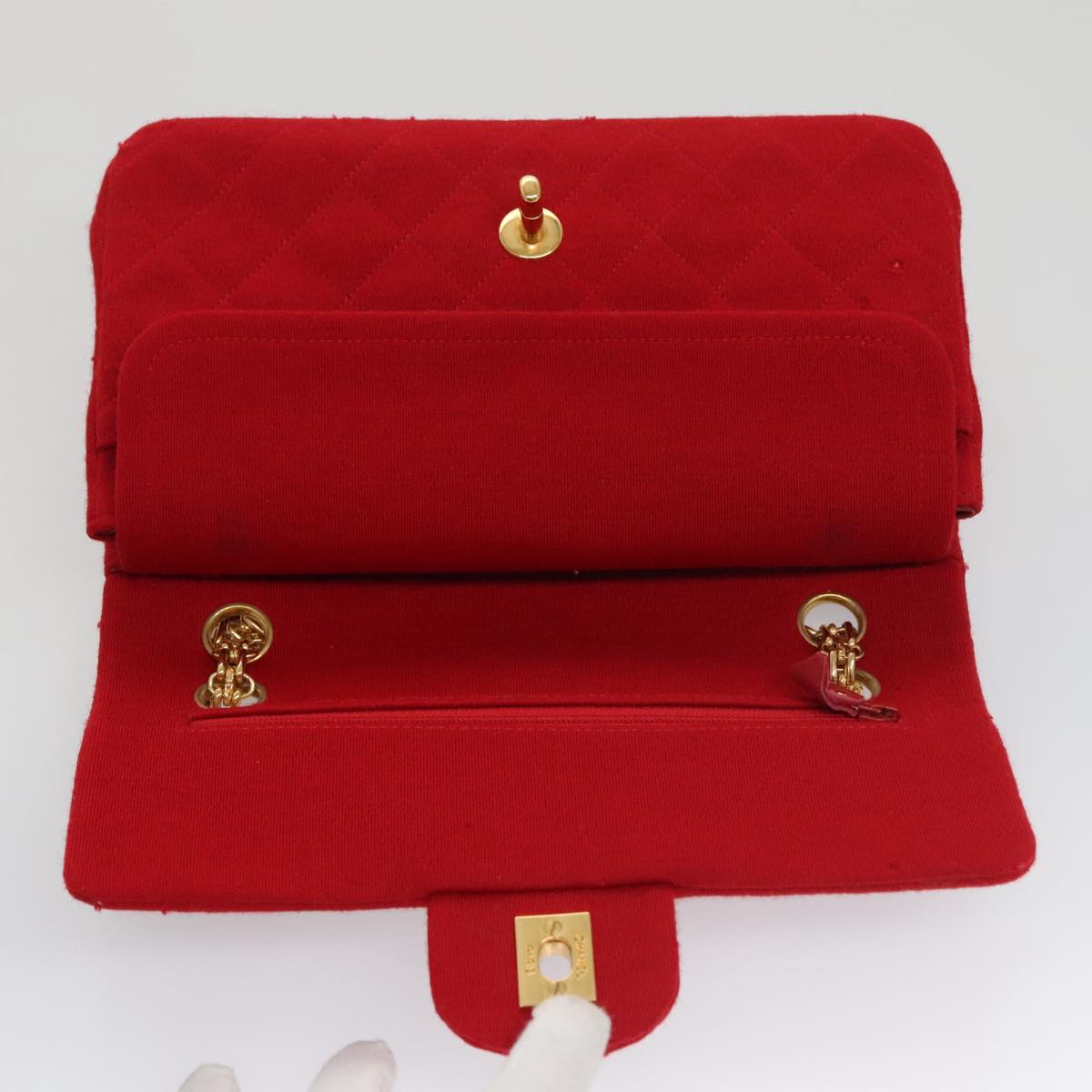 CHANEL Matelasse Chain Shoulder Bag Cotton Red Gold CC Auth 99908