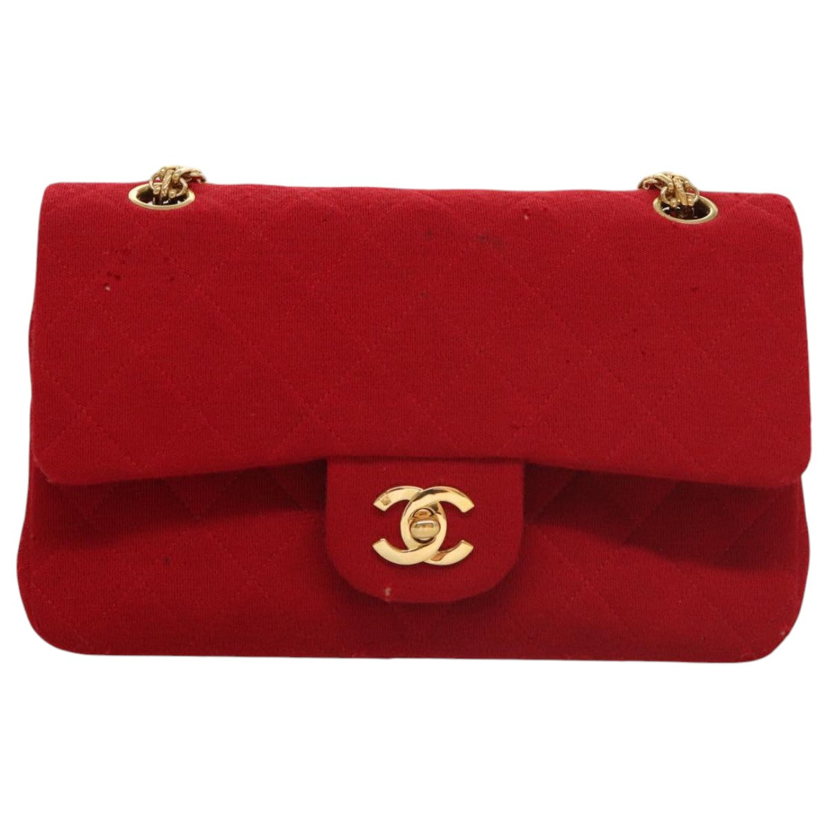 CHANEL Matelasse Chain Shoulder Bag Cotton Red Gold CC Auth 99908