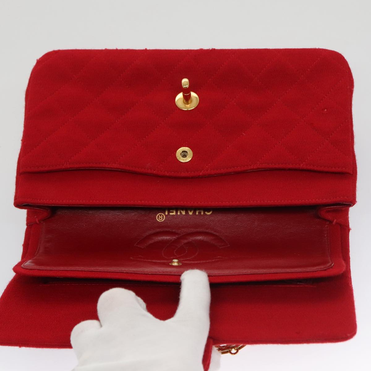 CHANEL Matelasse Chain Shoulder Bag Cotton Red Gold CC Auth 99908