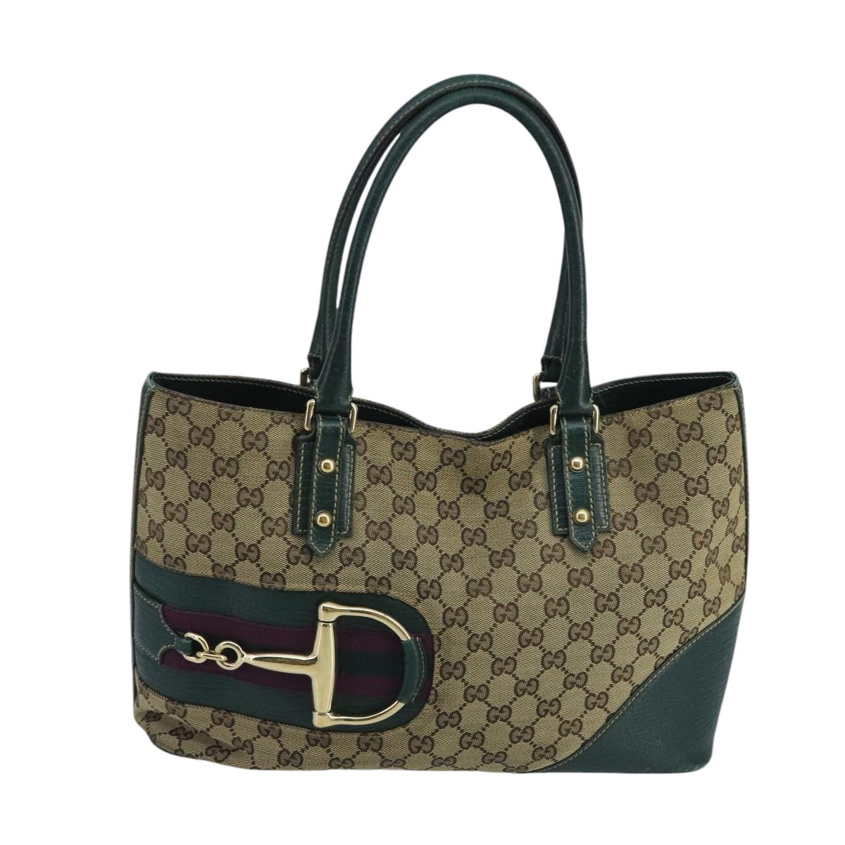 GUCCI GG Canvas Sherry Line Hand Bag Beige Green Auth 99917