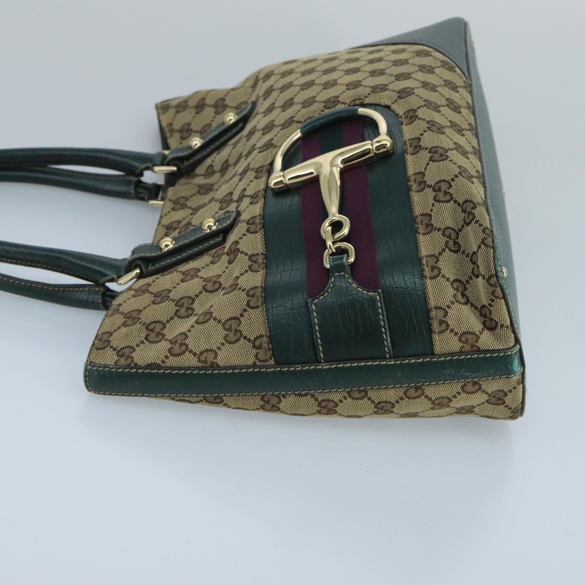 GUCCI GG Canvas Sherry Line Hand Bag Beige Green Auth 99917