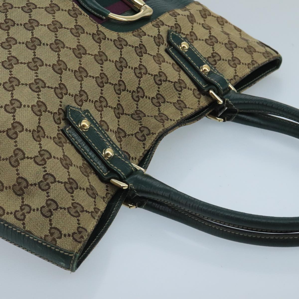 GUCCI GG Canvas Sherry Line Hand Bag Beige Green Auth 99917